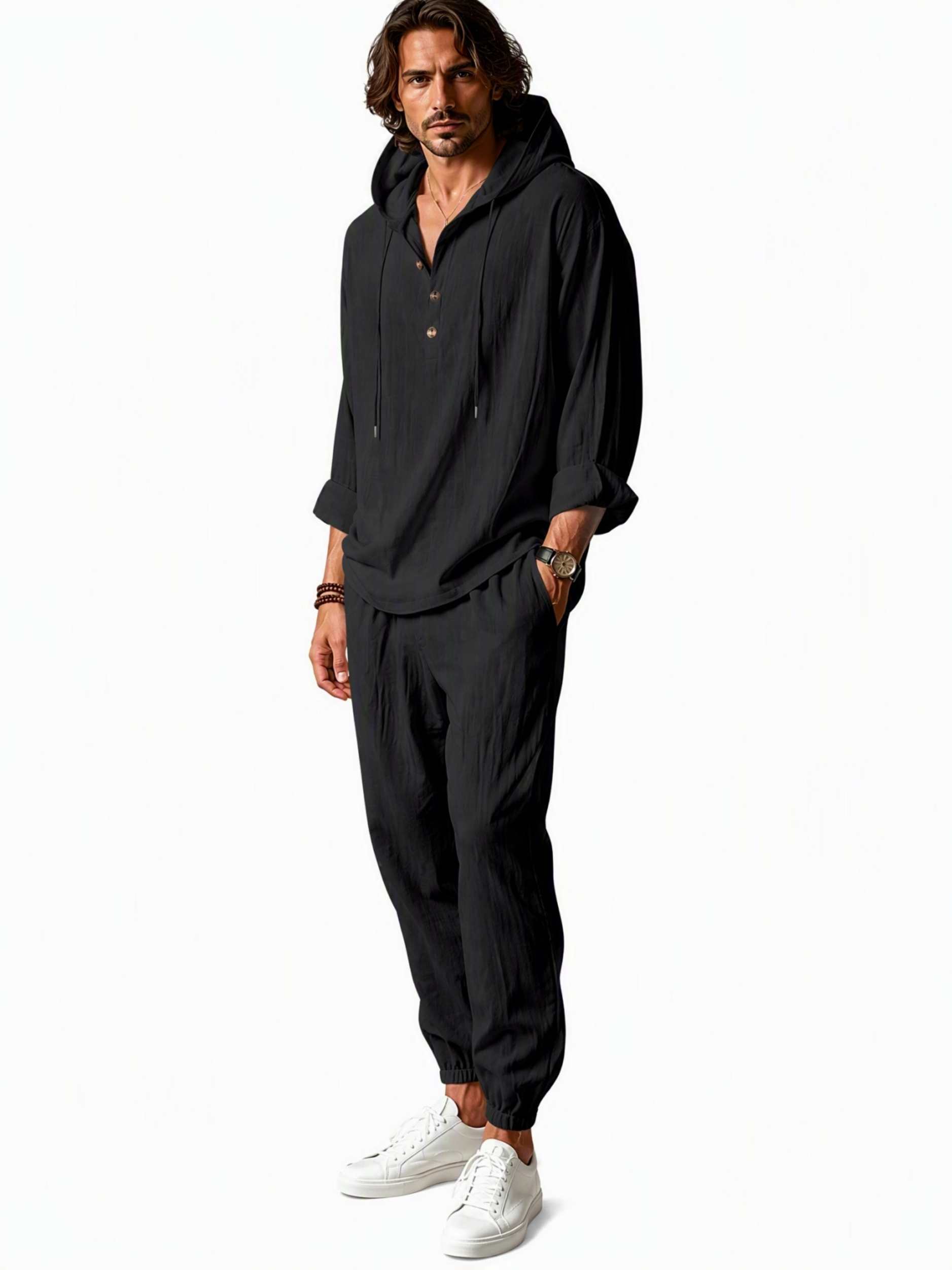 Men Black Linen Hooded Henley Shirt and Trousers Set