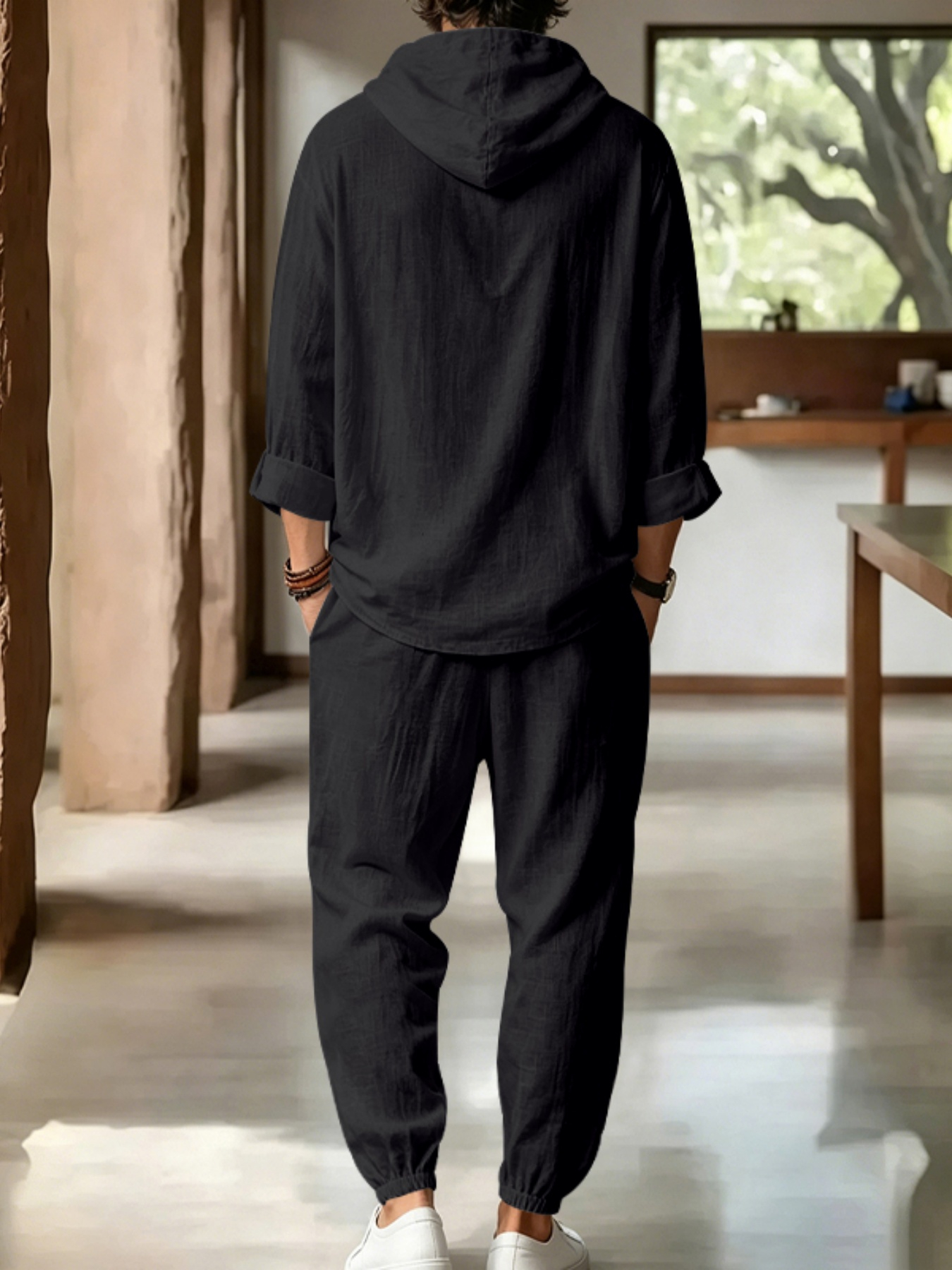 Men Black Linen Hooded Henley Shirt and Trousers Set