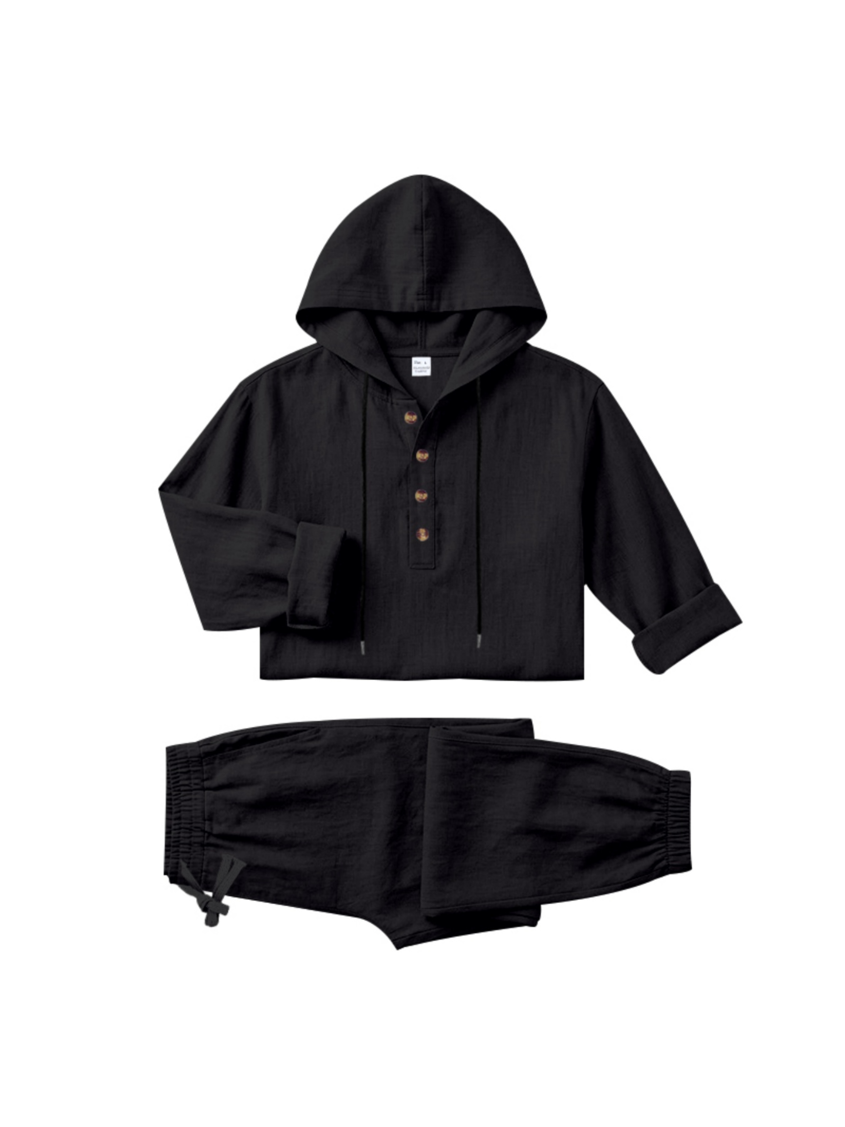 Men Black Linen Hooded Henley Shirt and Trousers Set