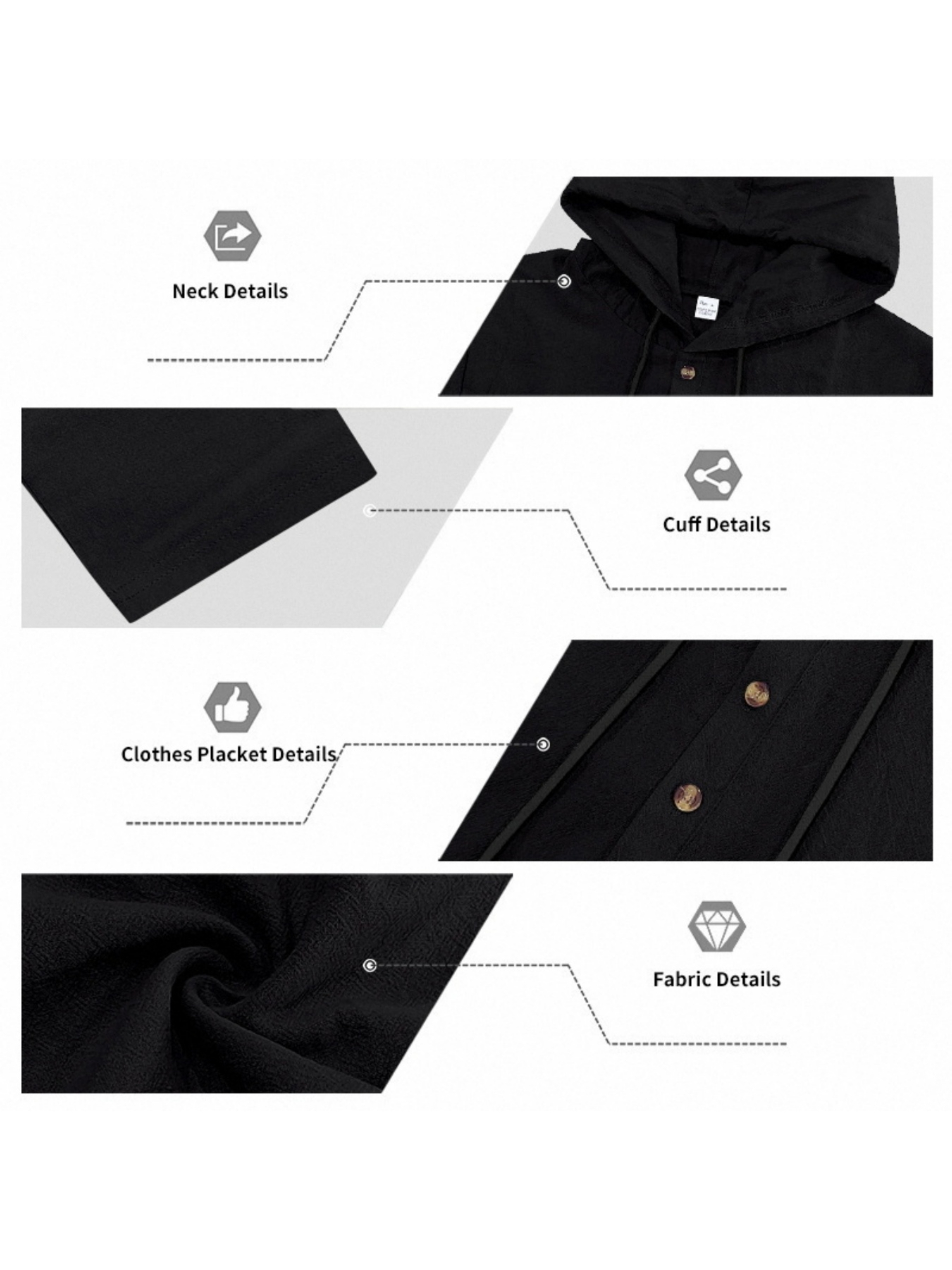 Men Black Linen Hooded Henley Shirt and Trousers Set