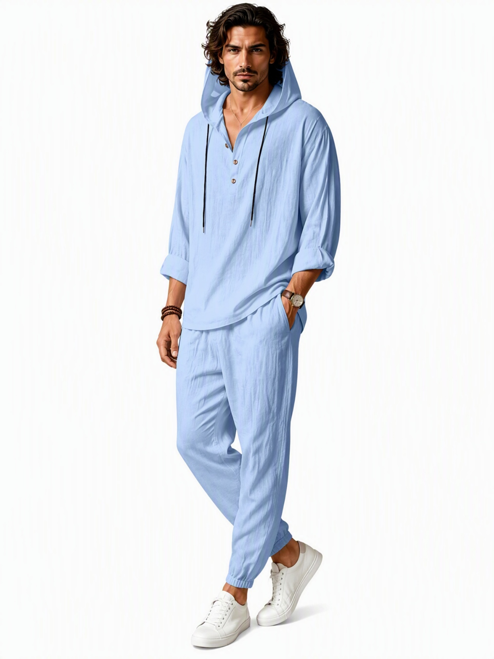 Men Light Blue Linen Hooded Henley and Jogger Set