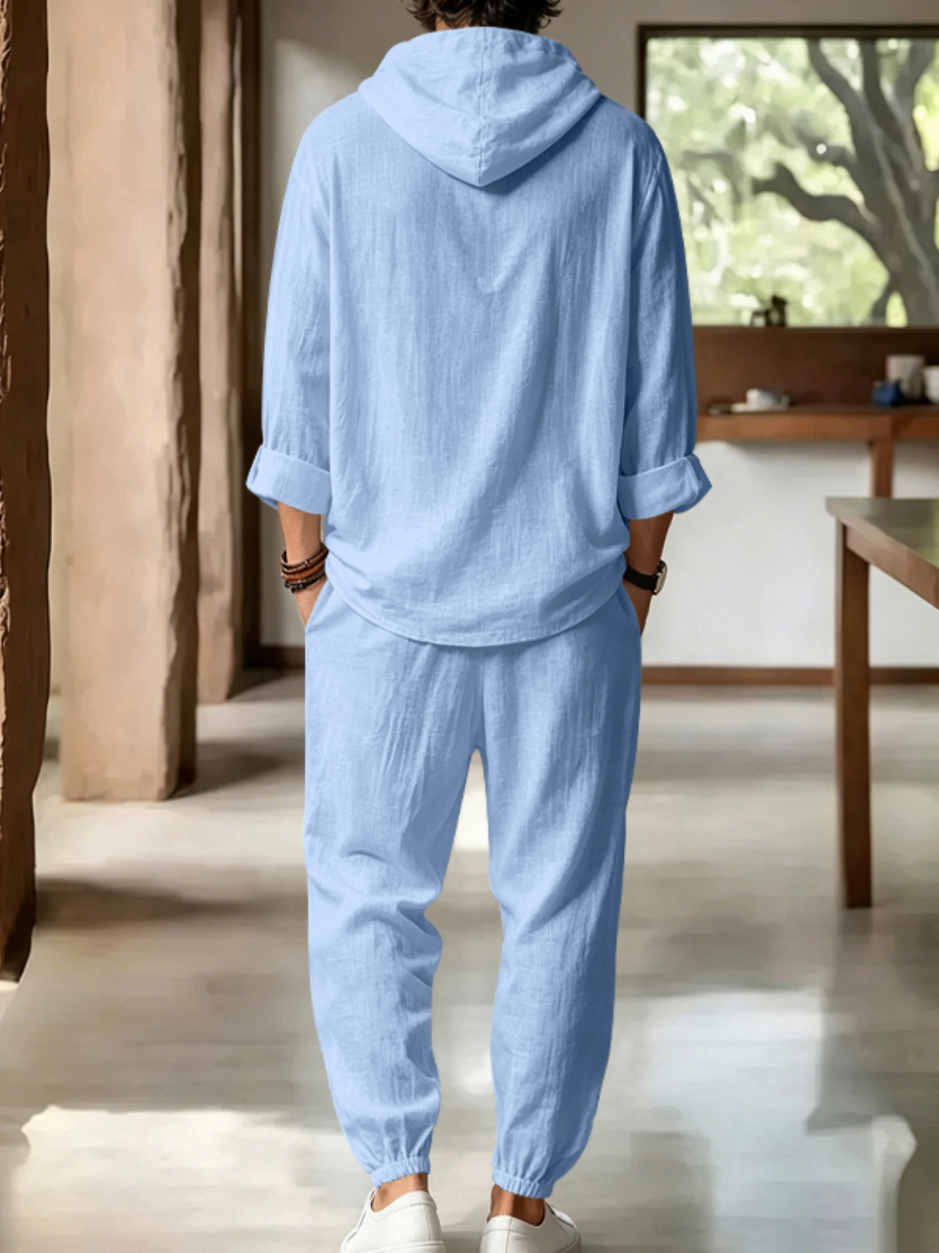Men Light Blue Linen Hooded Henley and Jogger Set