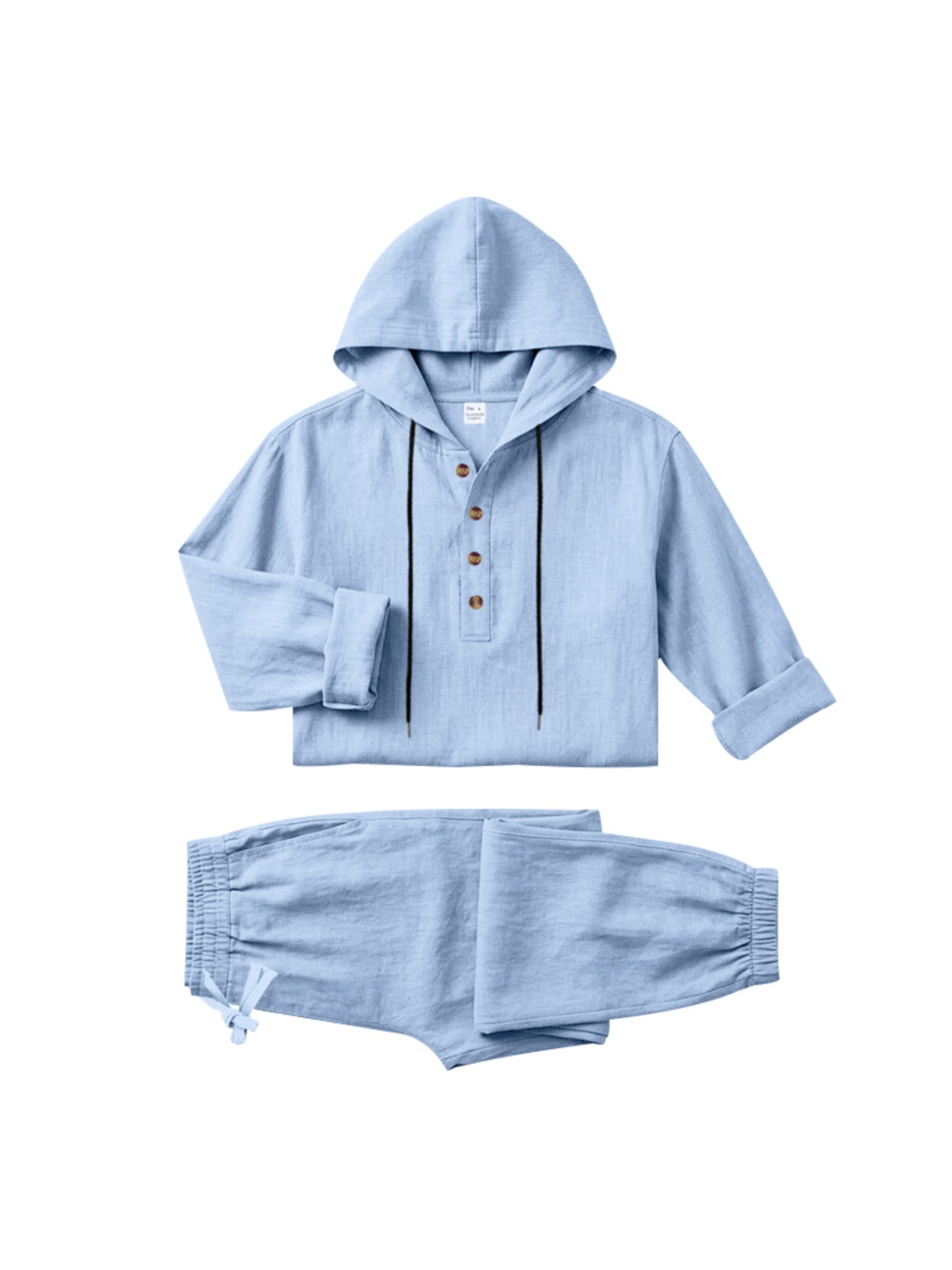 Men Light Blue Linen Hooded Henley and Jogger Set