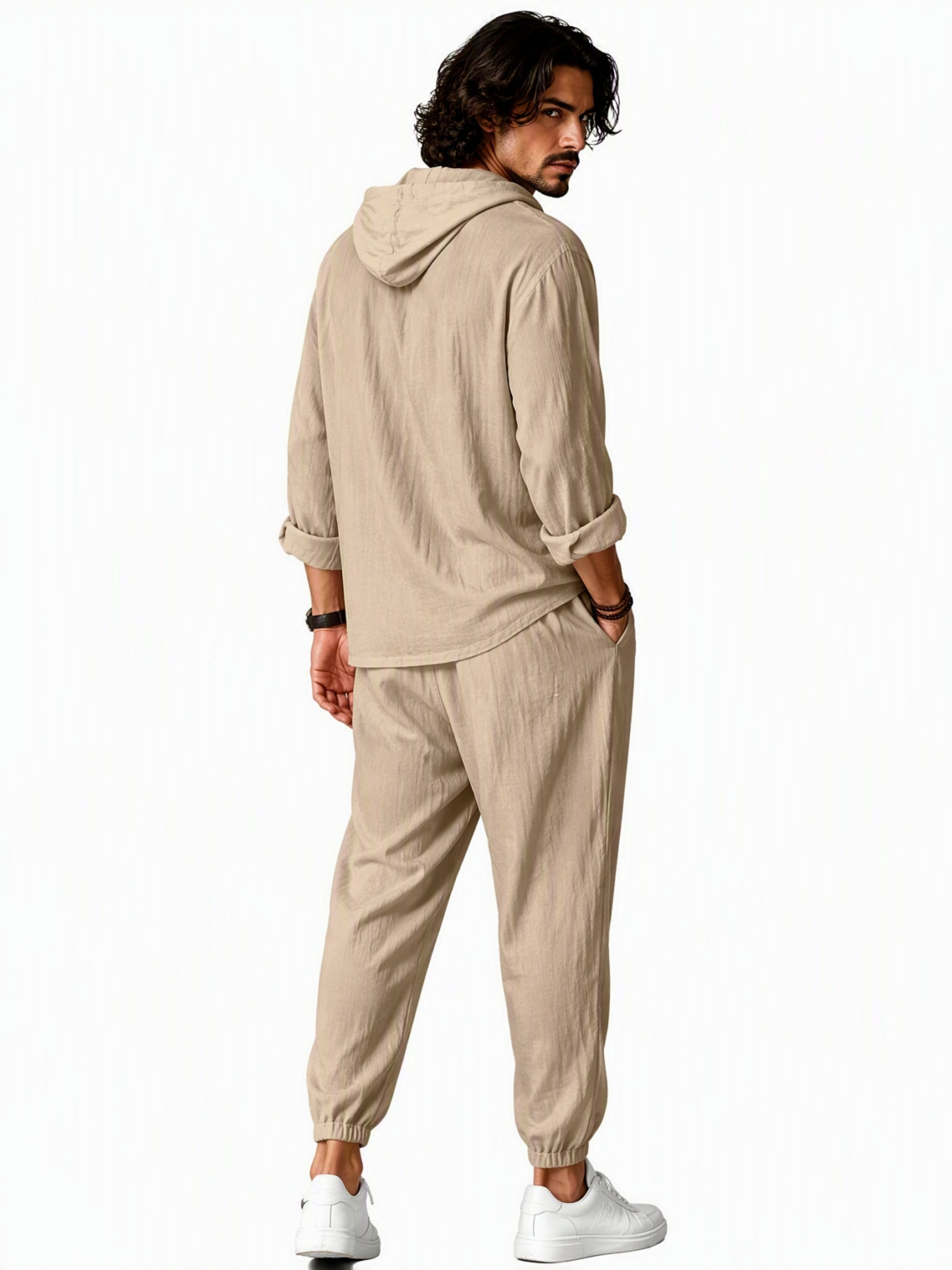 Men Beige Linen Hooded Henley Shirt and Trousers Set