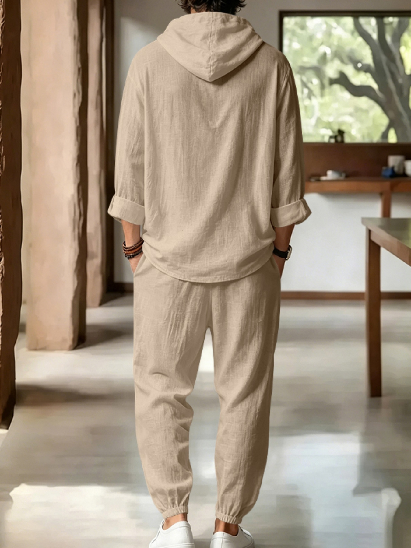 Men Beige Linen Hooded Henley Shirt and Trousers Set
