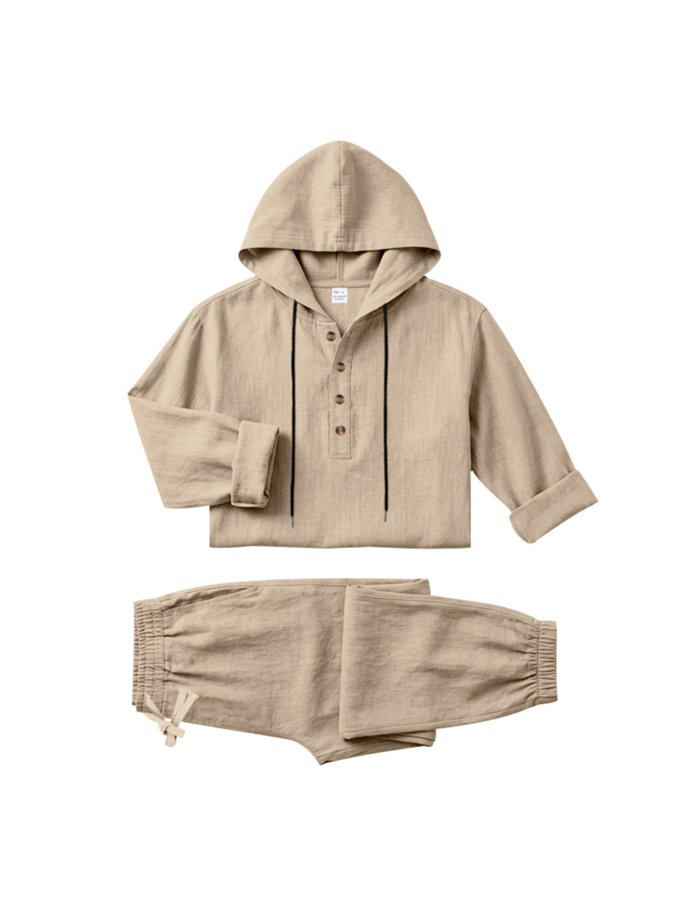 Men Beige Linen Hooded Henley Shirt and Trousers Set