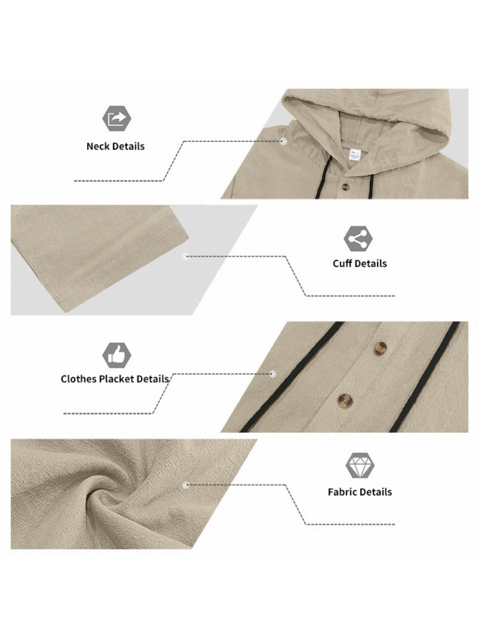 Men Beige Linen Hooded Henley Shirt and Trousers Set