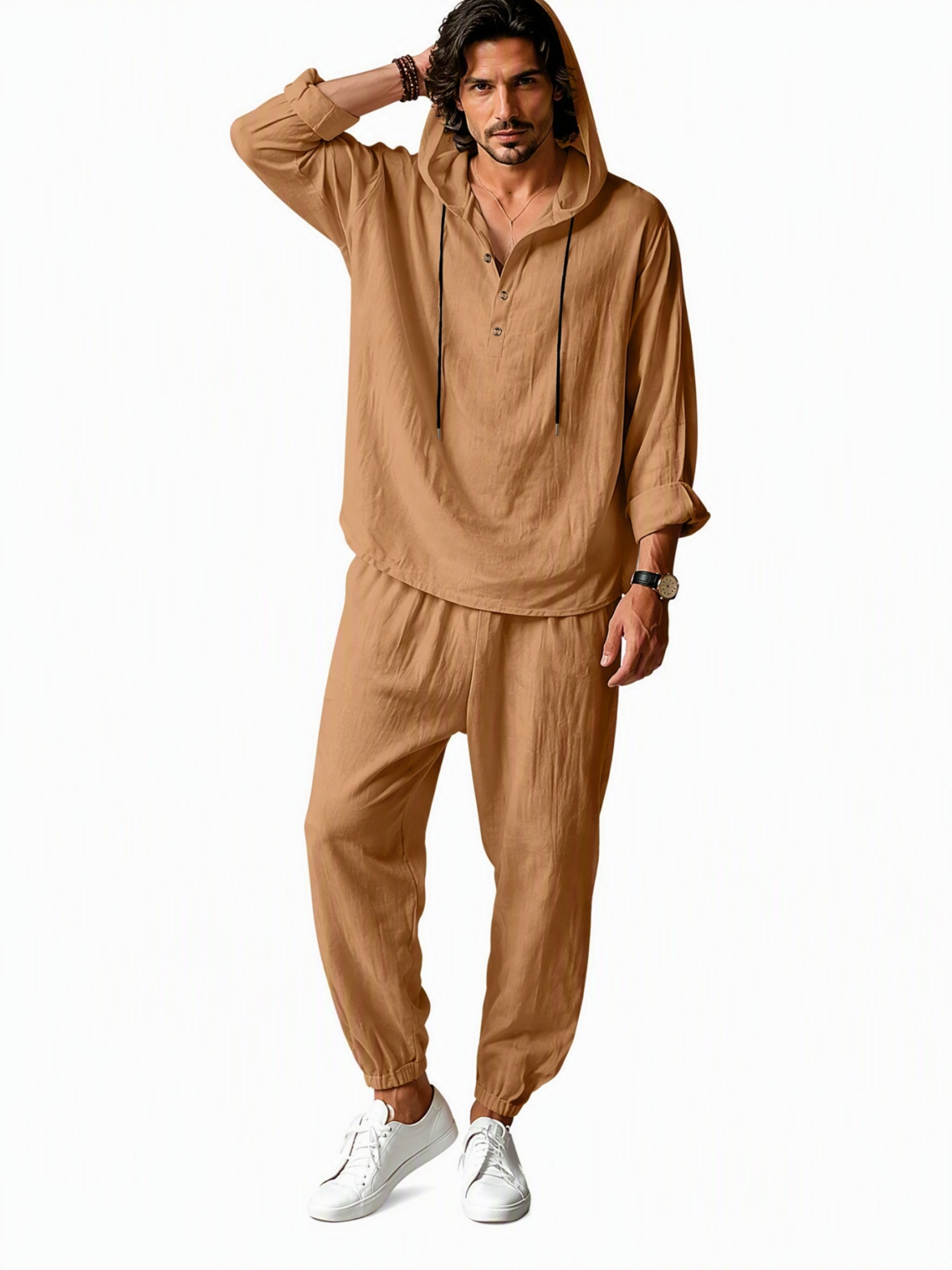 Men Brown Linen Hooded Henley Shirt and Trousers Set