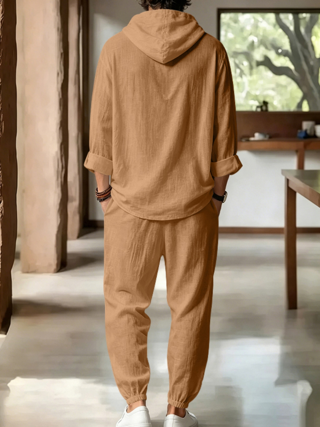 Men Brown Linen Hooded Henley Shirt and Trousers Set