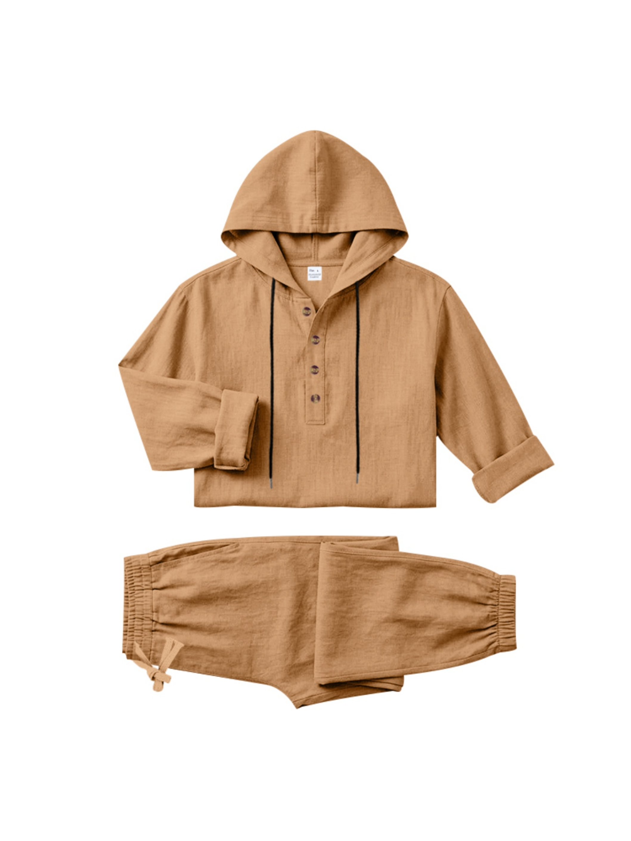Men Brown Linen Hooded Henley Shirt and Trousers Set