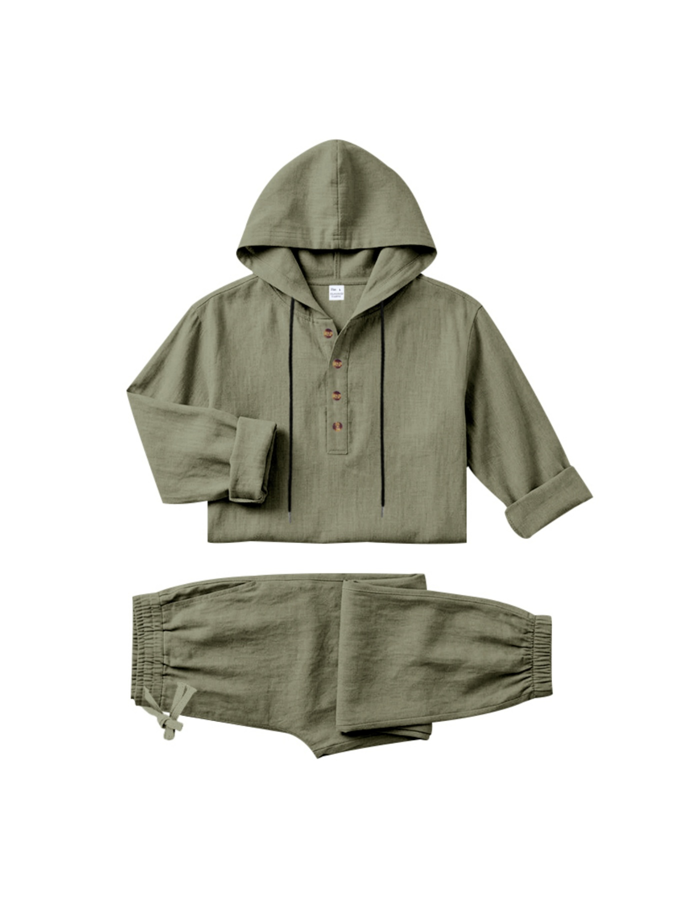 Men Green Linen Hooded Henley Shirt and Trousers Set