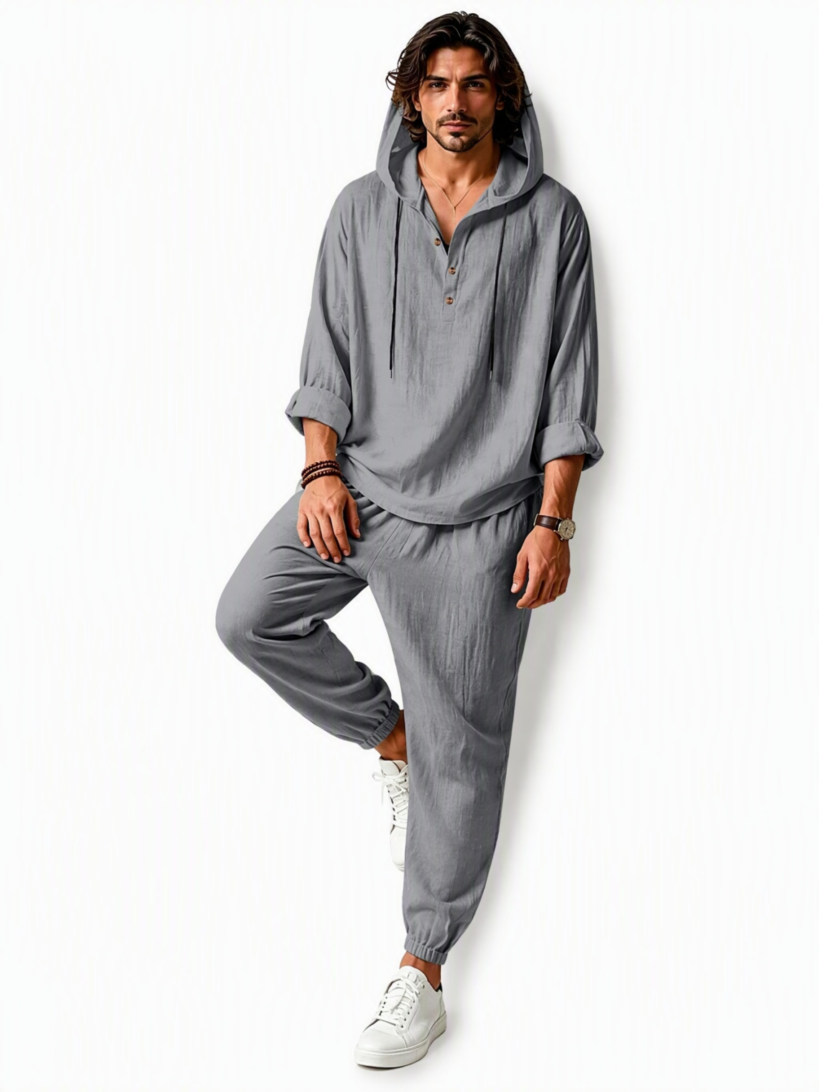Men Grey Linen Hooded Henley Shirt and Trousers Set