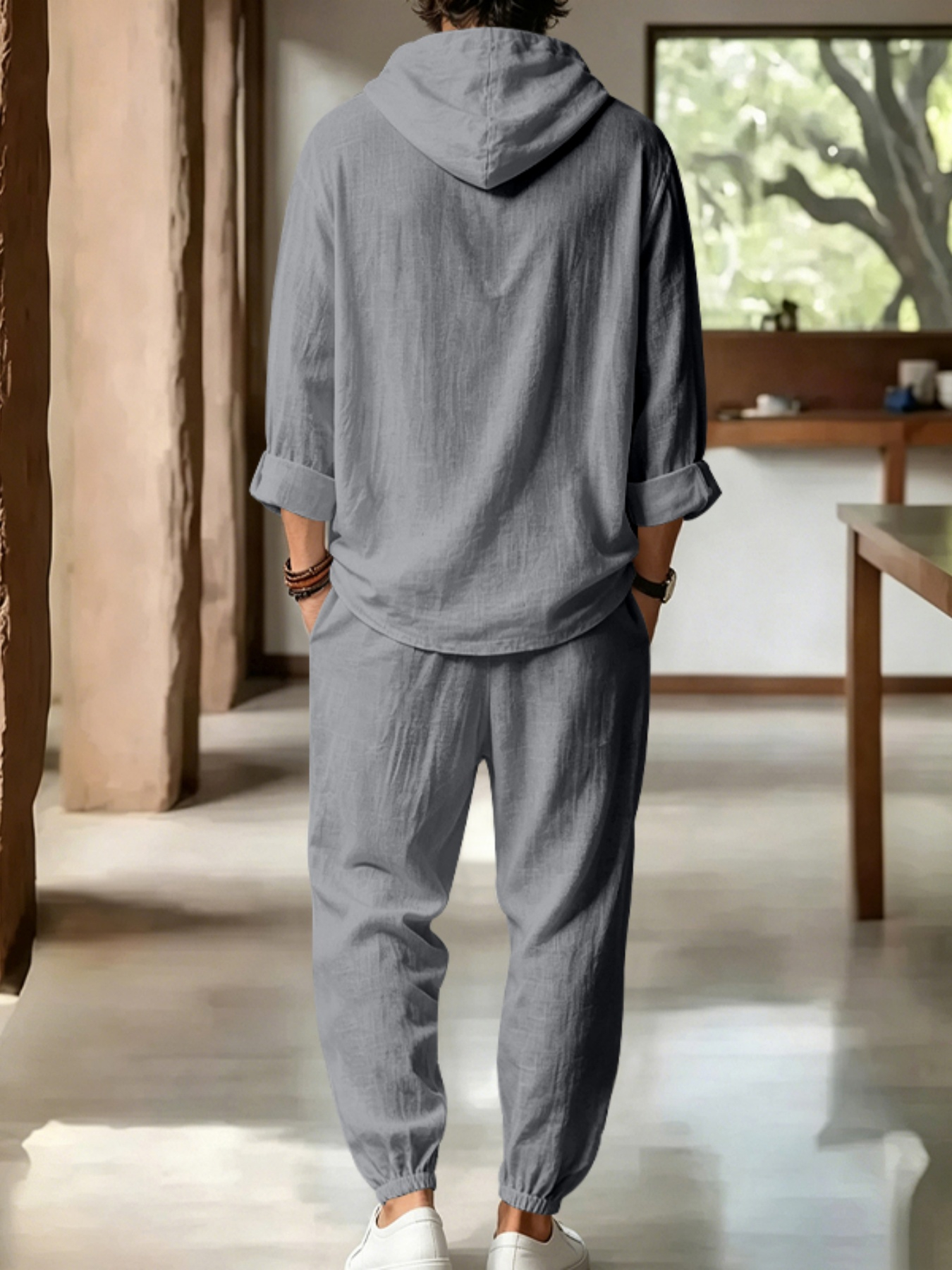 Men Grey Linen Hooded Henley Shirt and Trousers Set