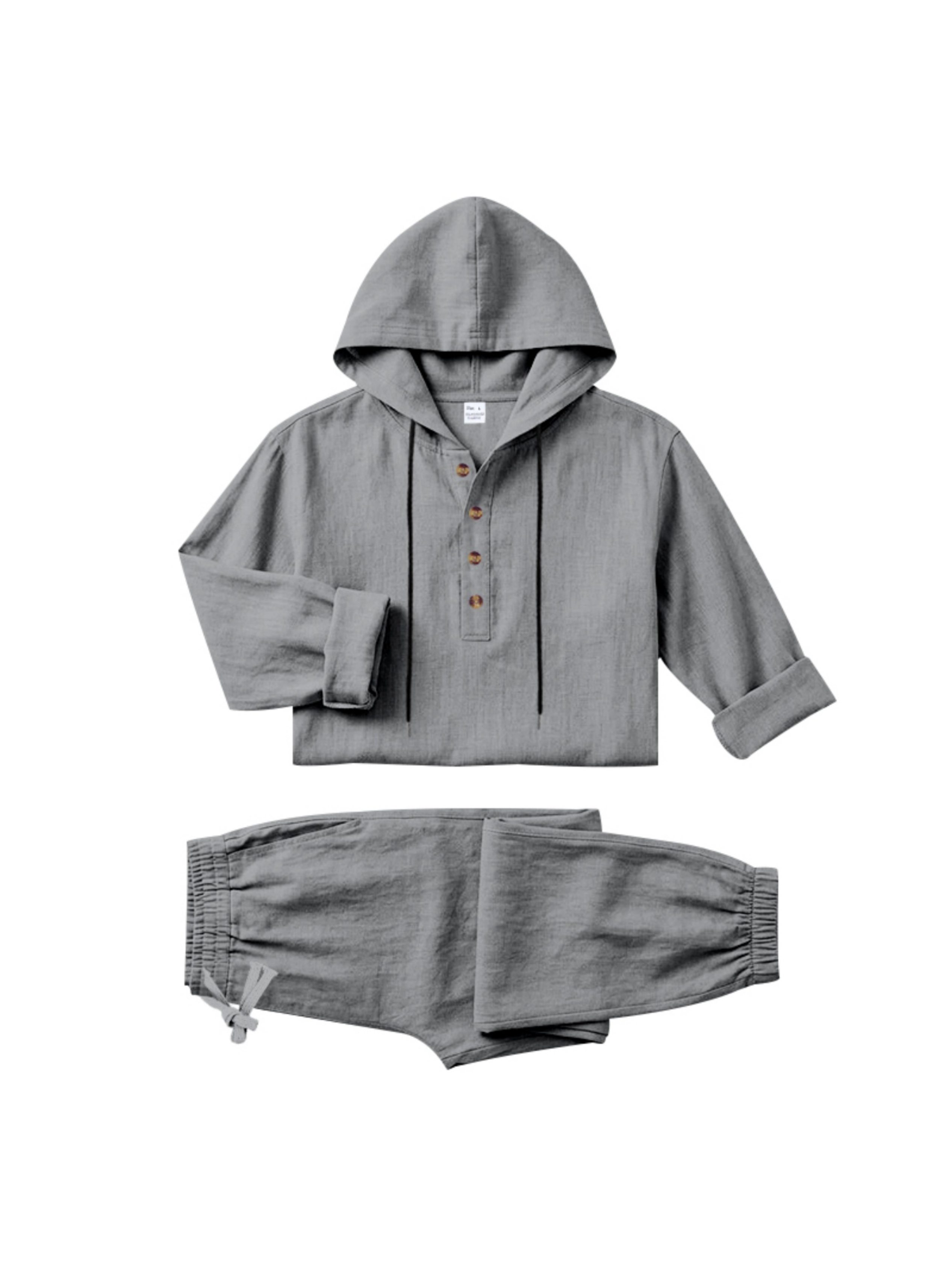 Men Grey Linen Hooded Henley Shirt and Trousers Set