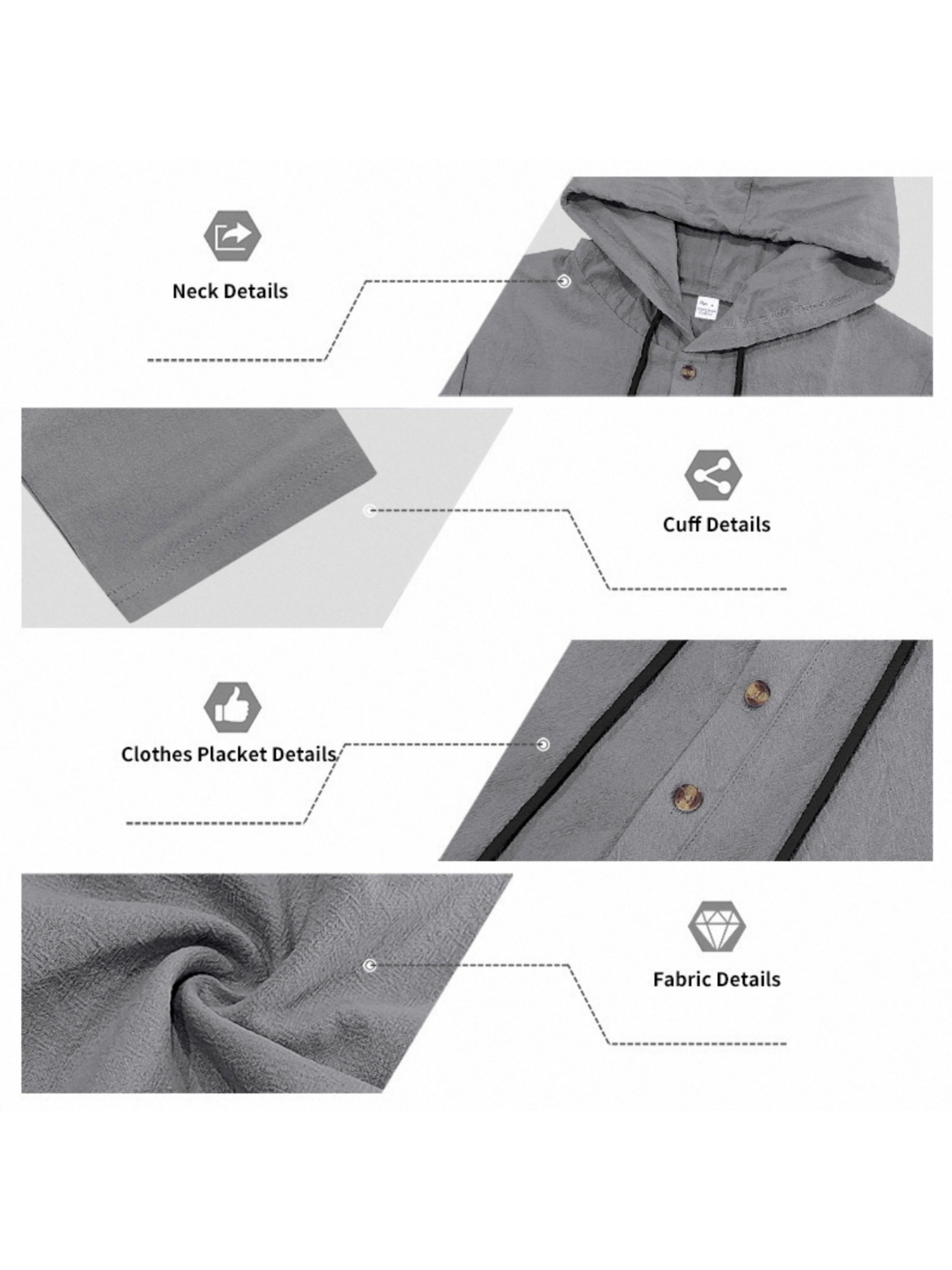 Men Grey Linen Hooded Henley Shirt and Trousers Set
