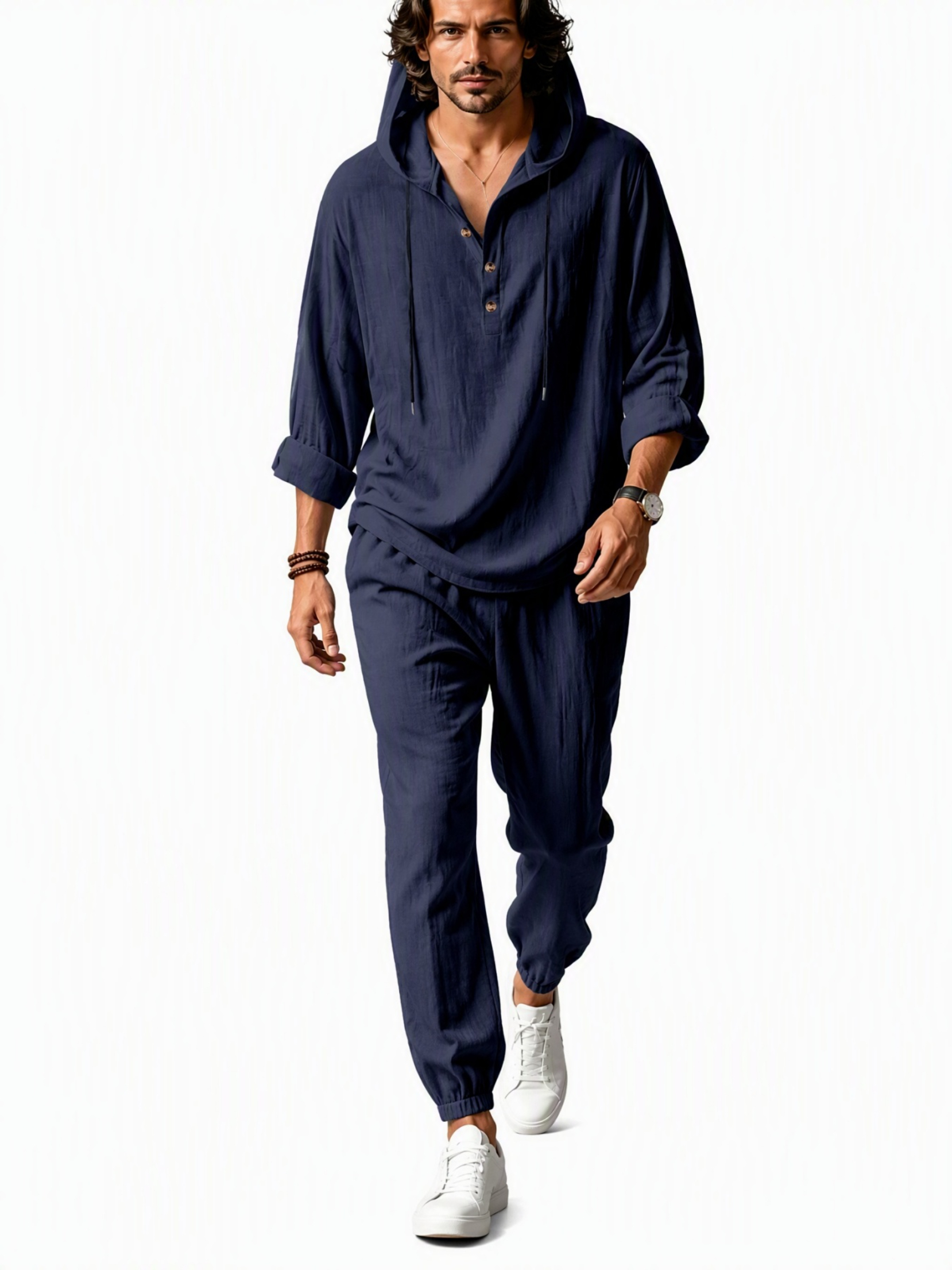 Men Navy Blue Linen Hooded Henley Shirt and Trousers Set