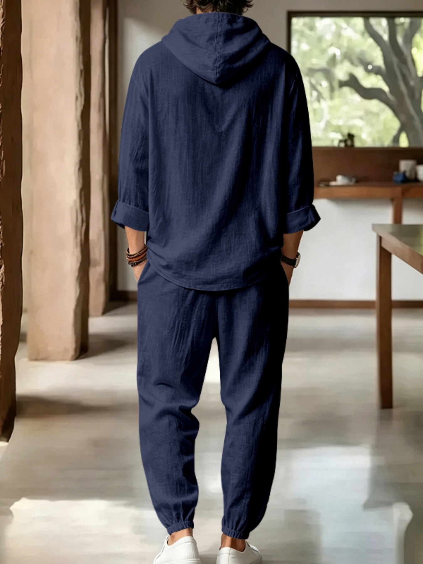 Men Navy Blue Linen Hooded Henley Shirt and Trousers Set