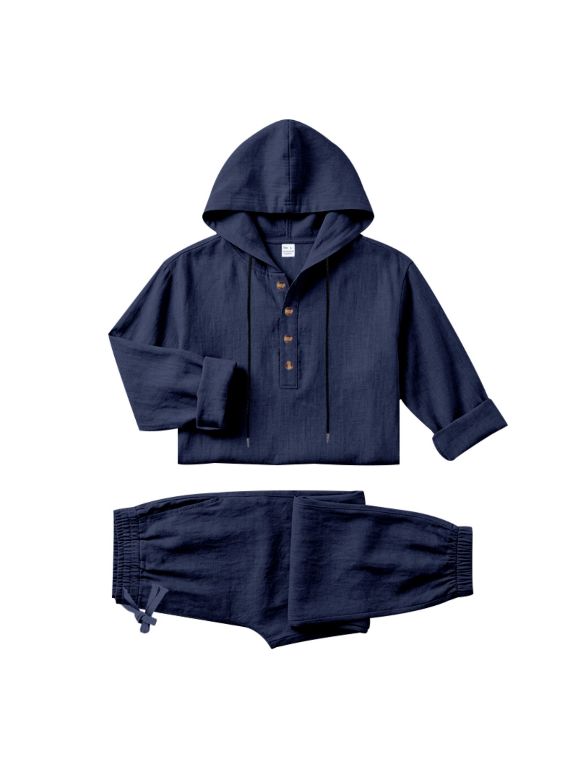 Men Navy Blue Linen Hooded Henley Shirt and Trousers Set