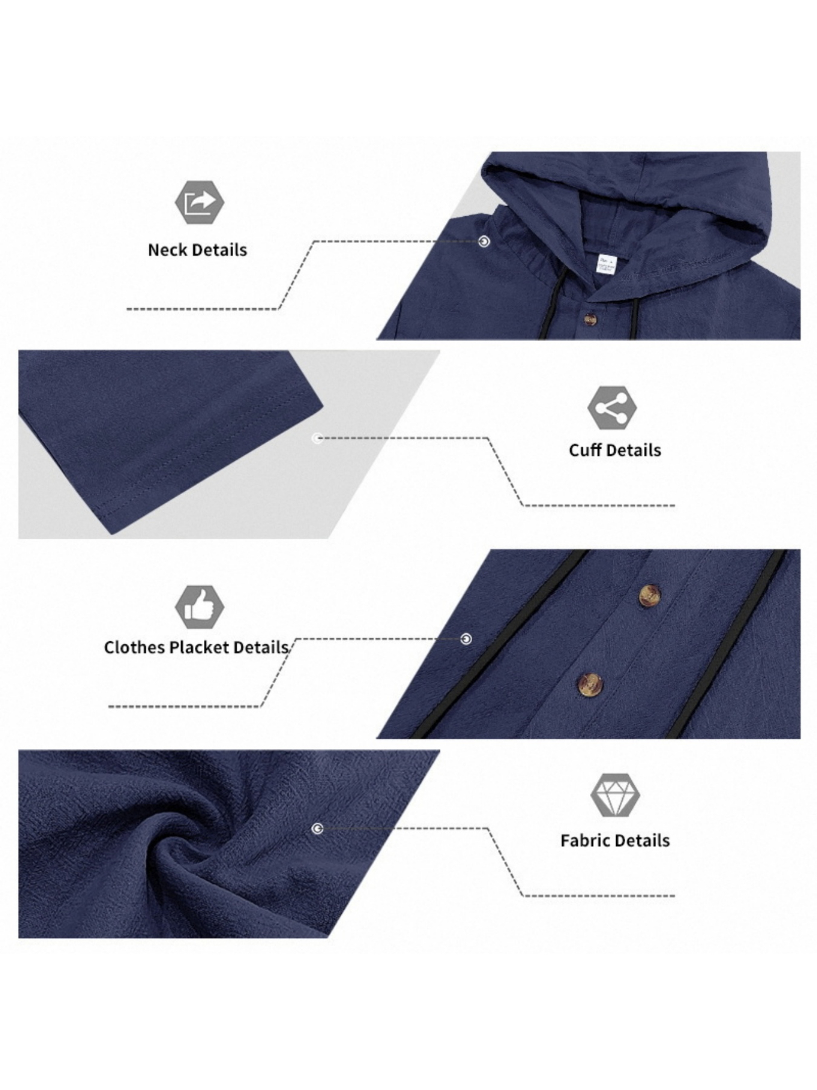 Men Navy Blue Linen Hooded Henley Shirt and Trousers Set