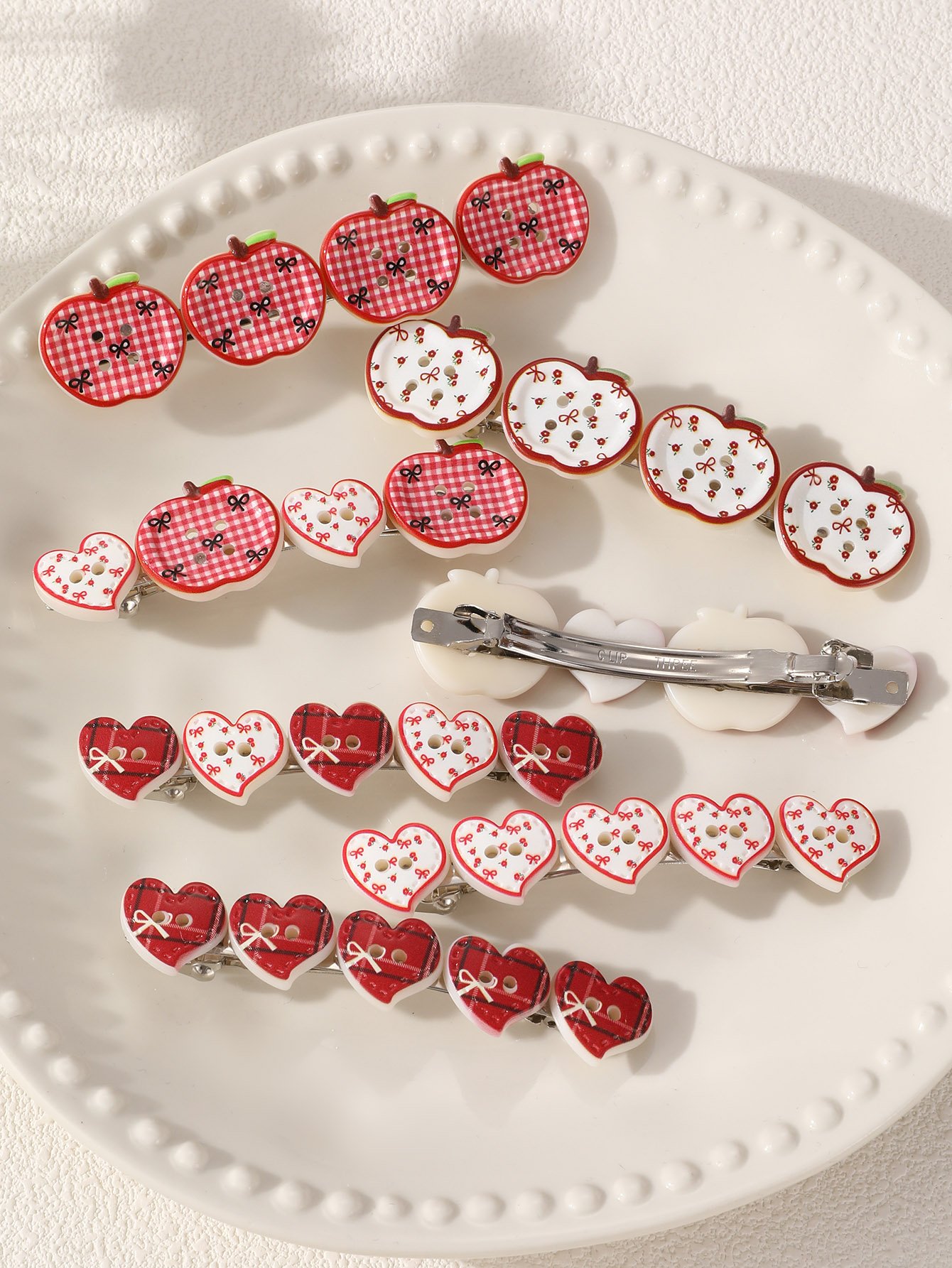 Heart and Apple Hair Clip Set - 7 Pcs