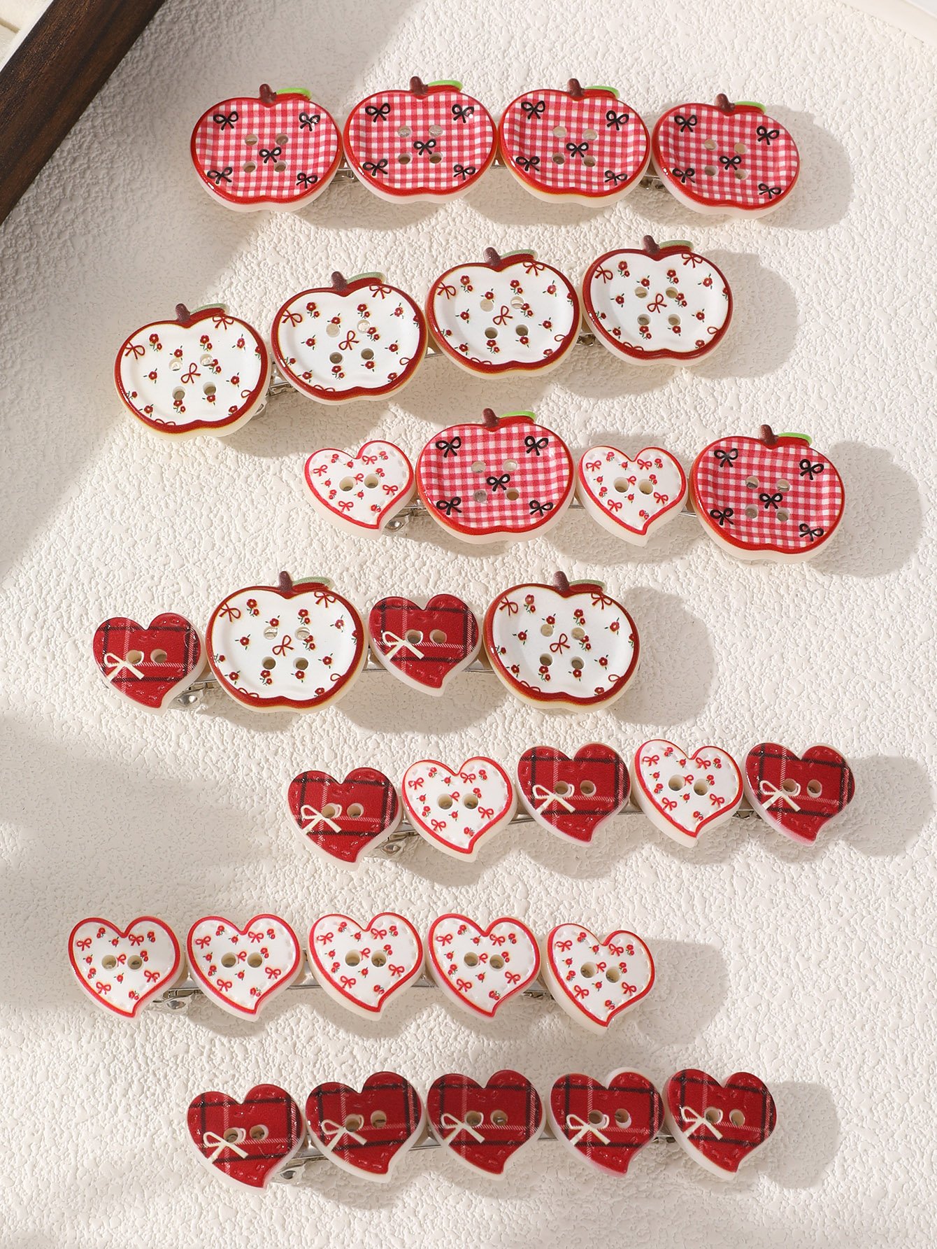 Heart and Apple Hair Clip Set - 7 Pcs