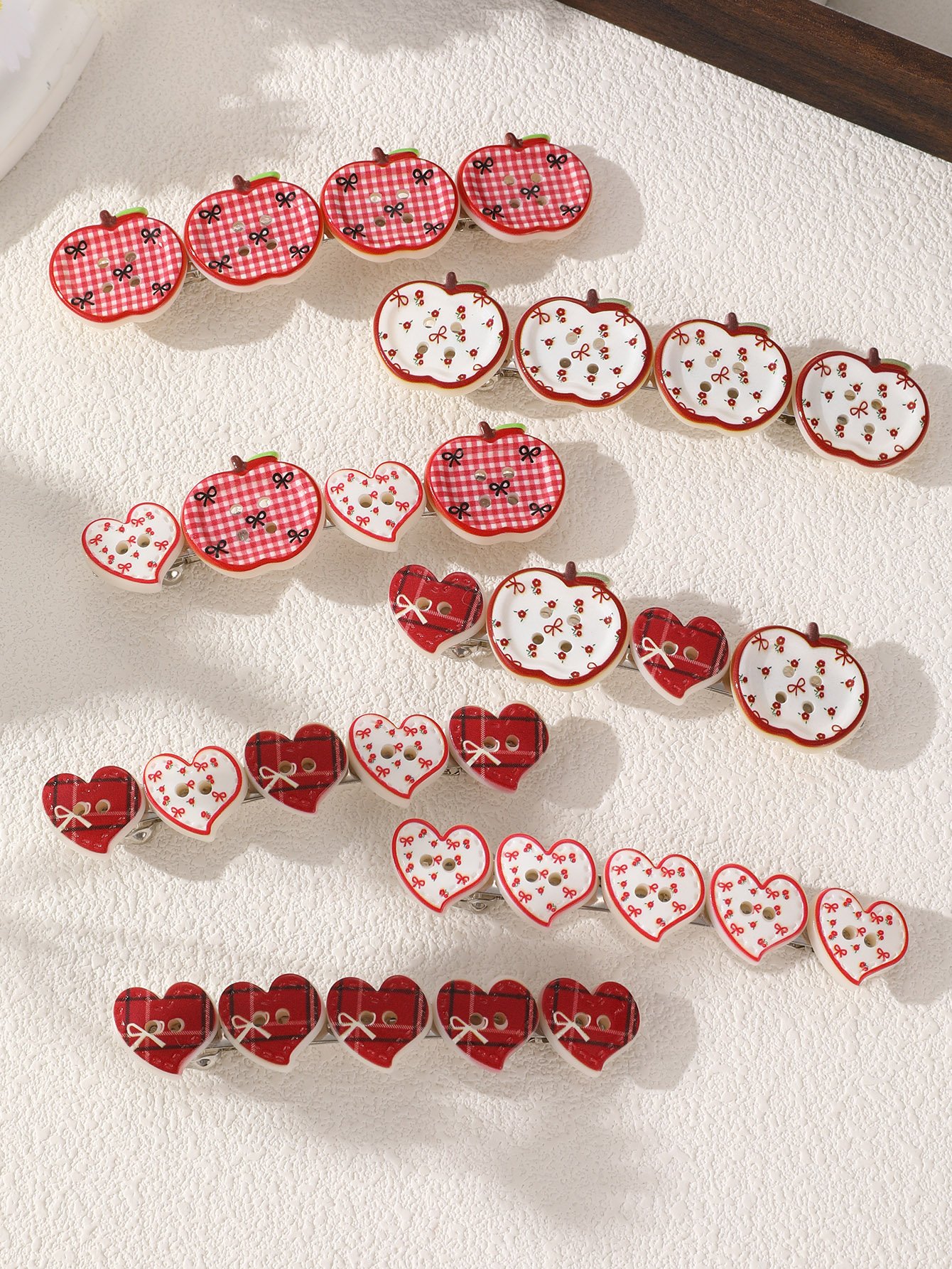 Heart and Apple Hair Clip Set - 7 Pcs