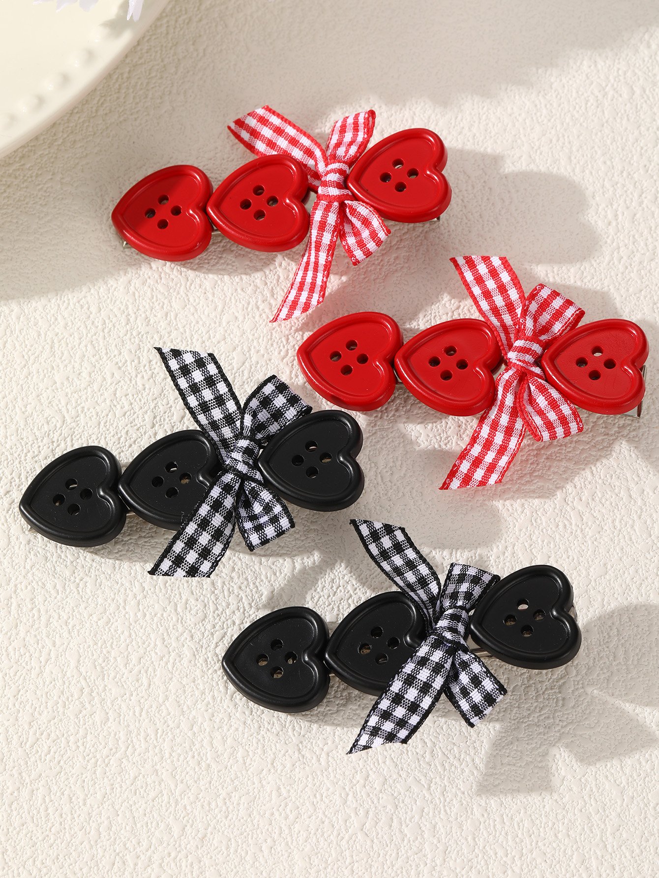Heart-Shaped Plaid Bow Hair Clip Set