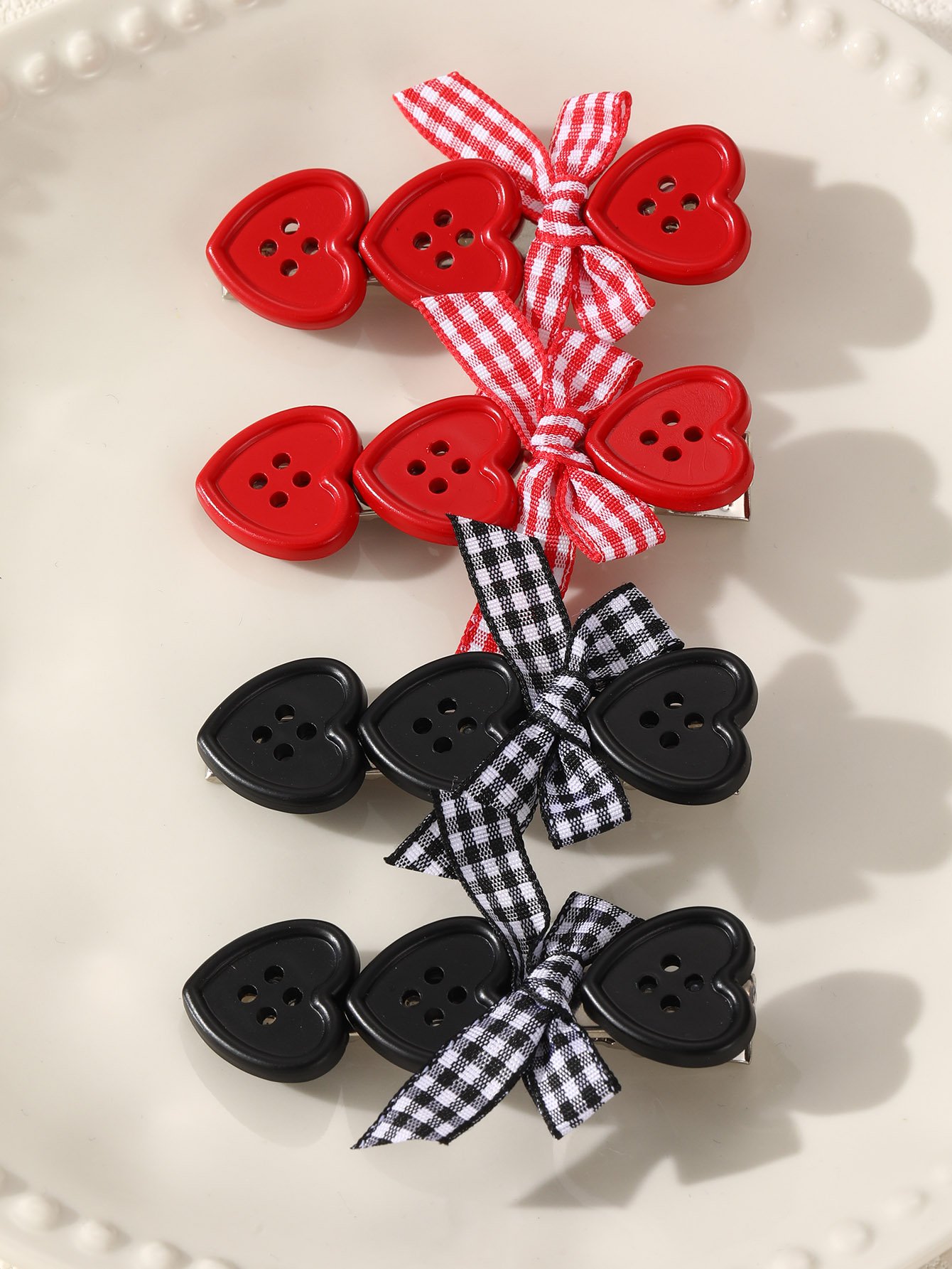 Heart-Shaped Plaid Bow Hair Clip Set