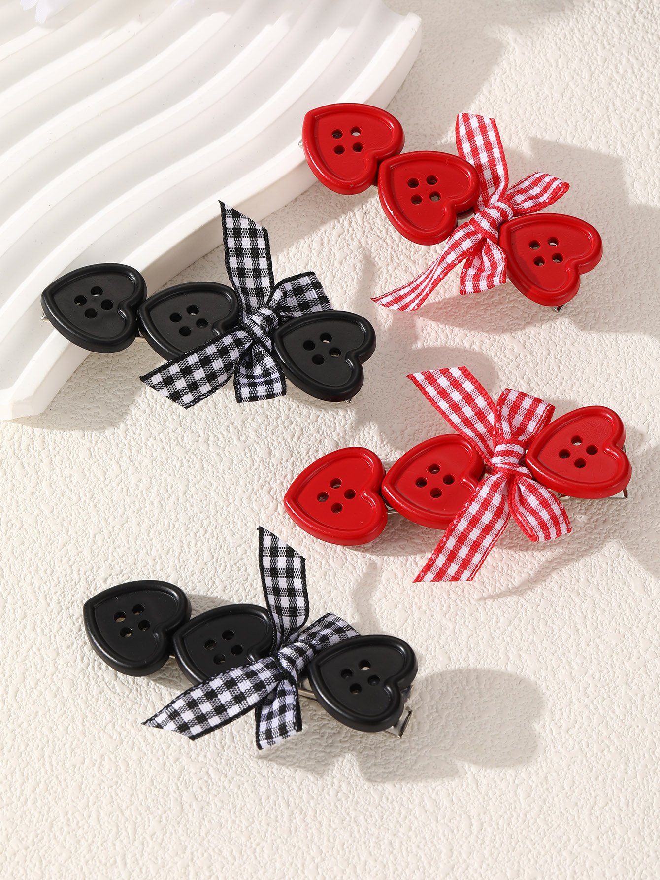 Heart-Shaped Plaid Bow Hair Clip Set