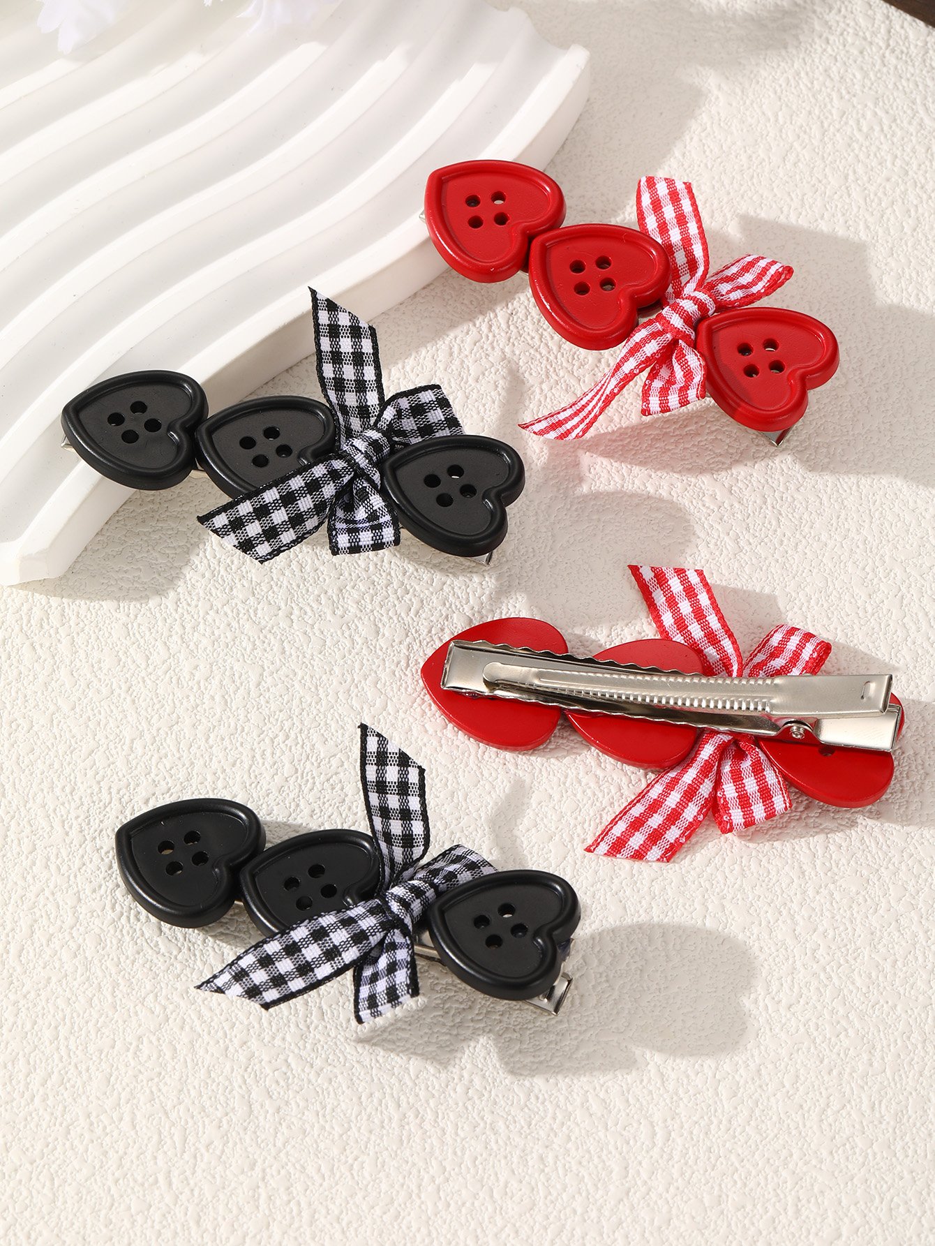Heart-Shaped Plaid Bow Hair Clip Set