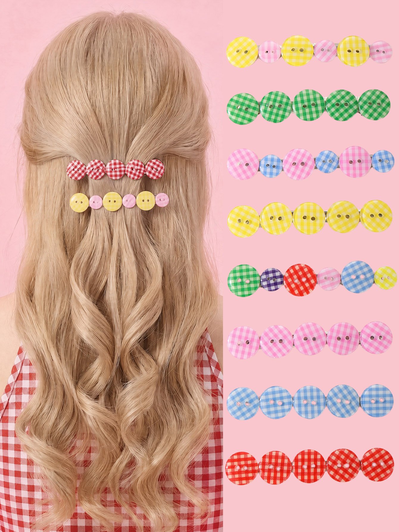 Gingham Button Hair Clip Set