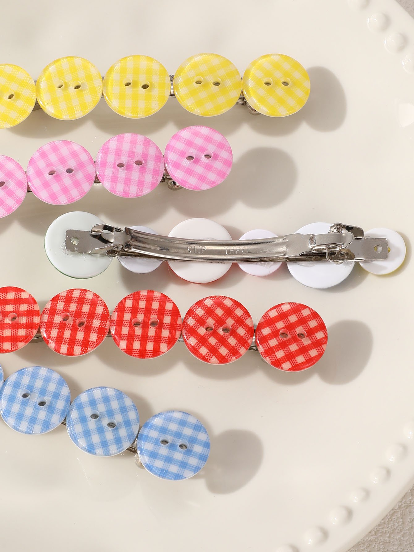 Gingham Button Hair Clip Set