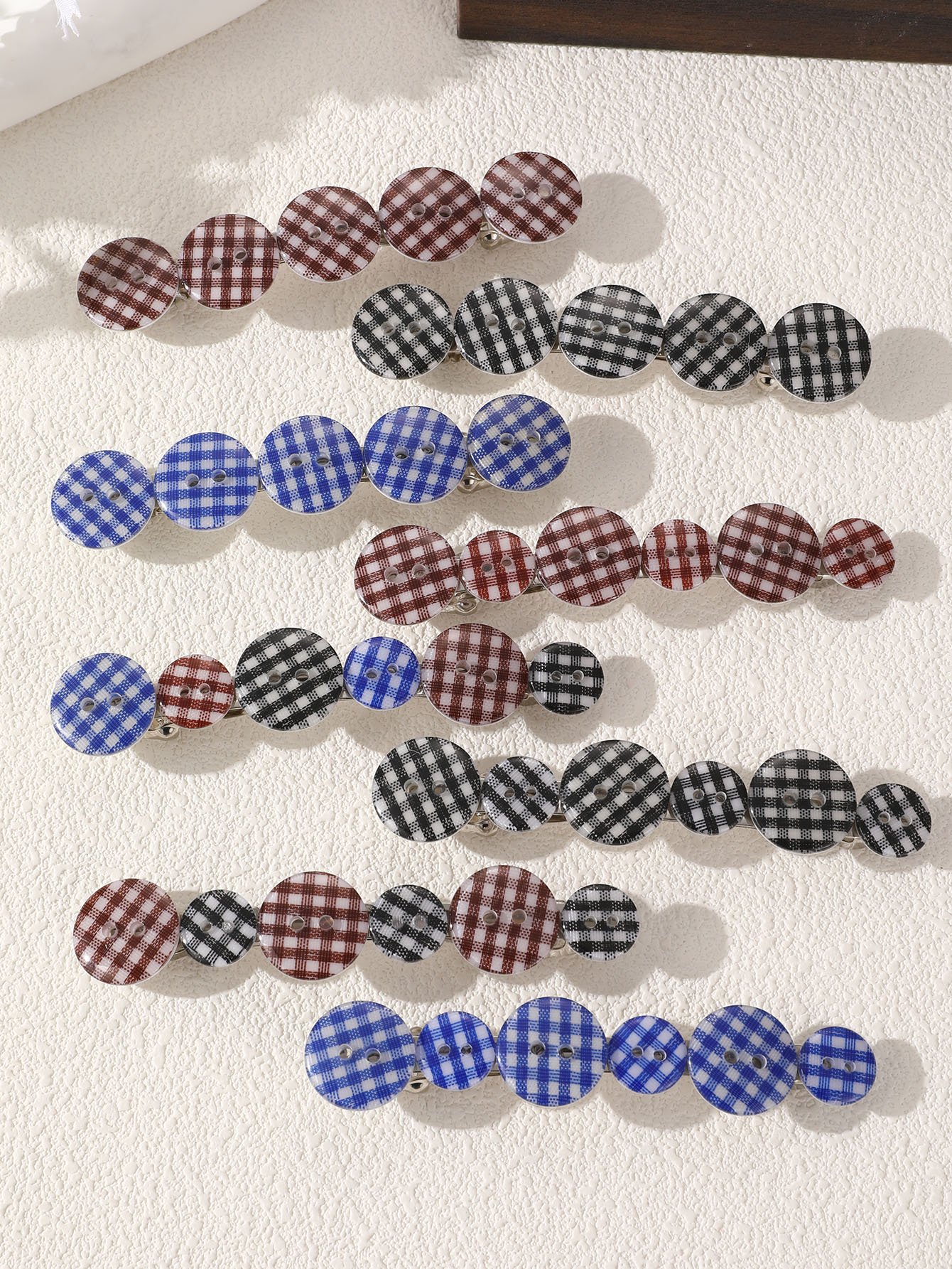 Plaid Round Hair Clip Set - 8 Pcs