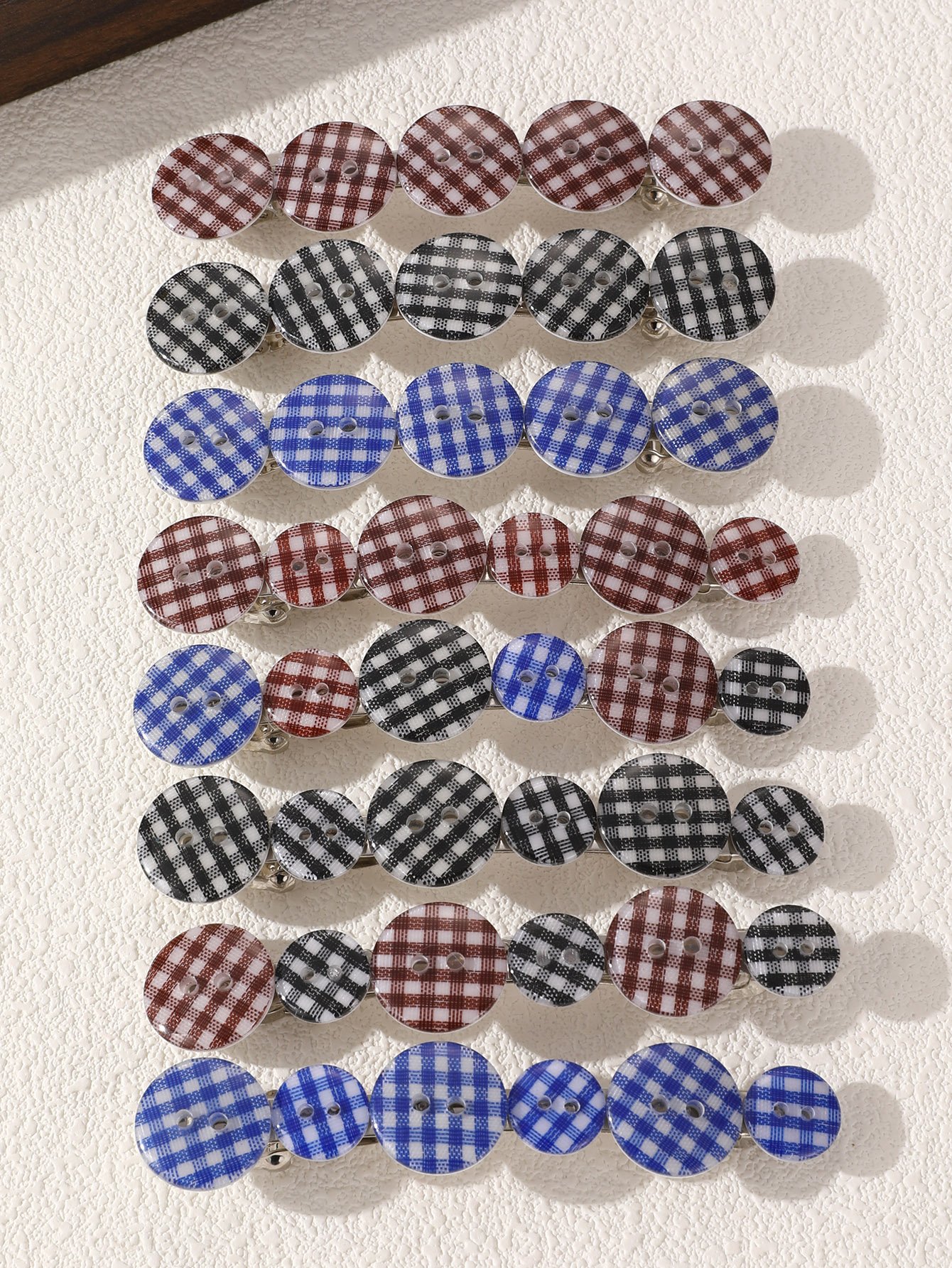 Plaid Round Hair Clip Set - 8 Pcs