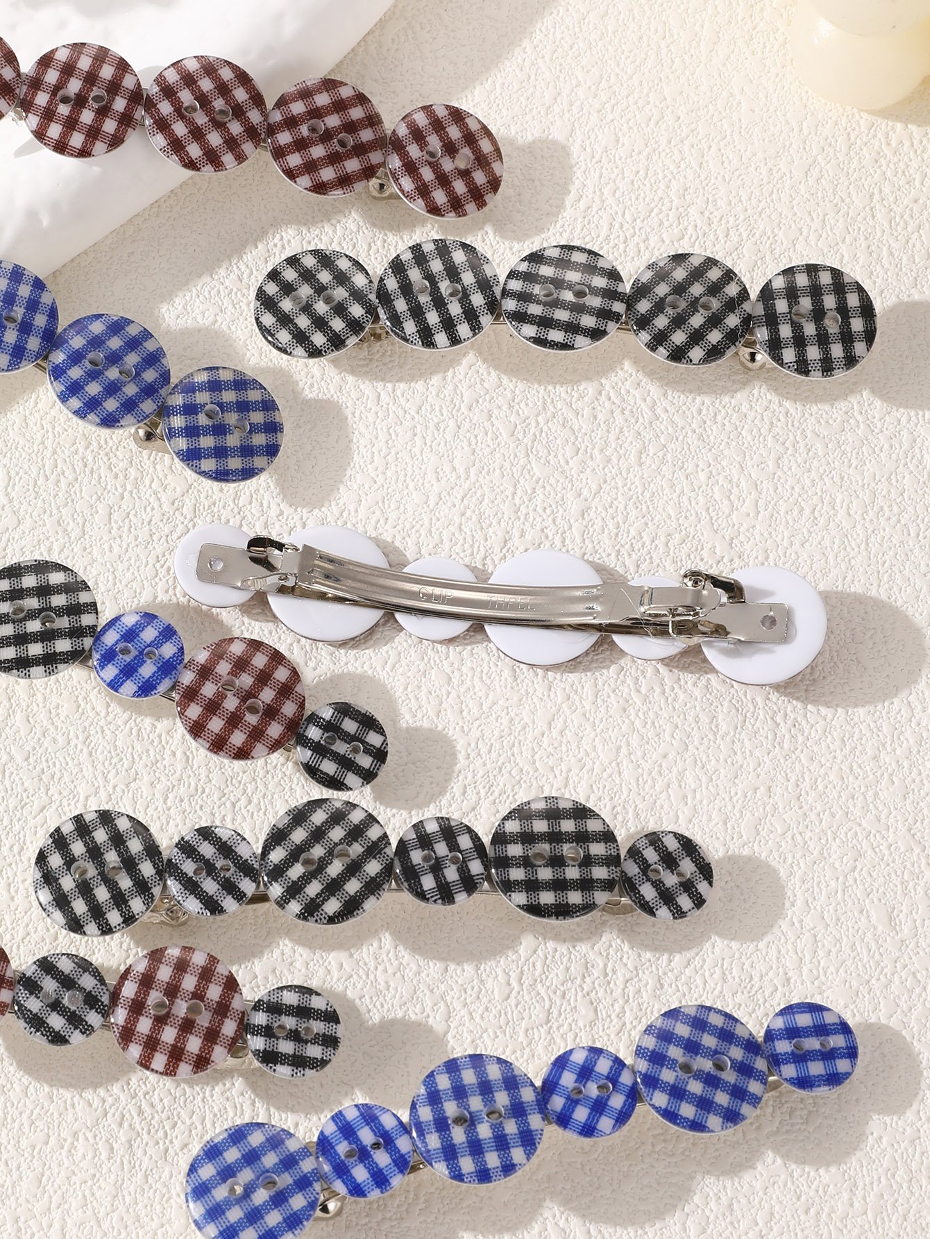 Plaid Round Hair Clip Set - 8 Pcs