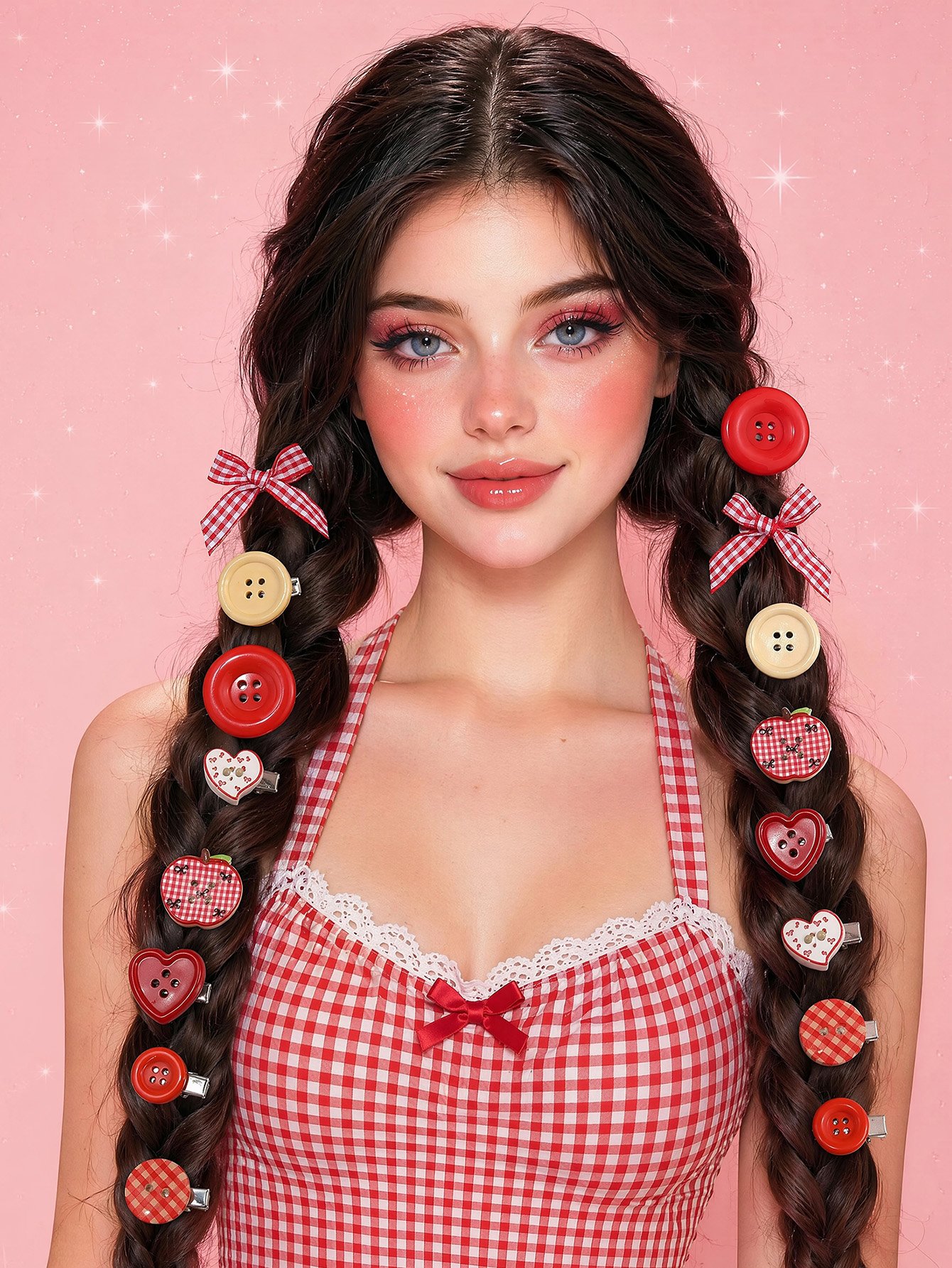 Charming Gingham and Button Hair Clip Set