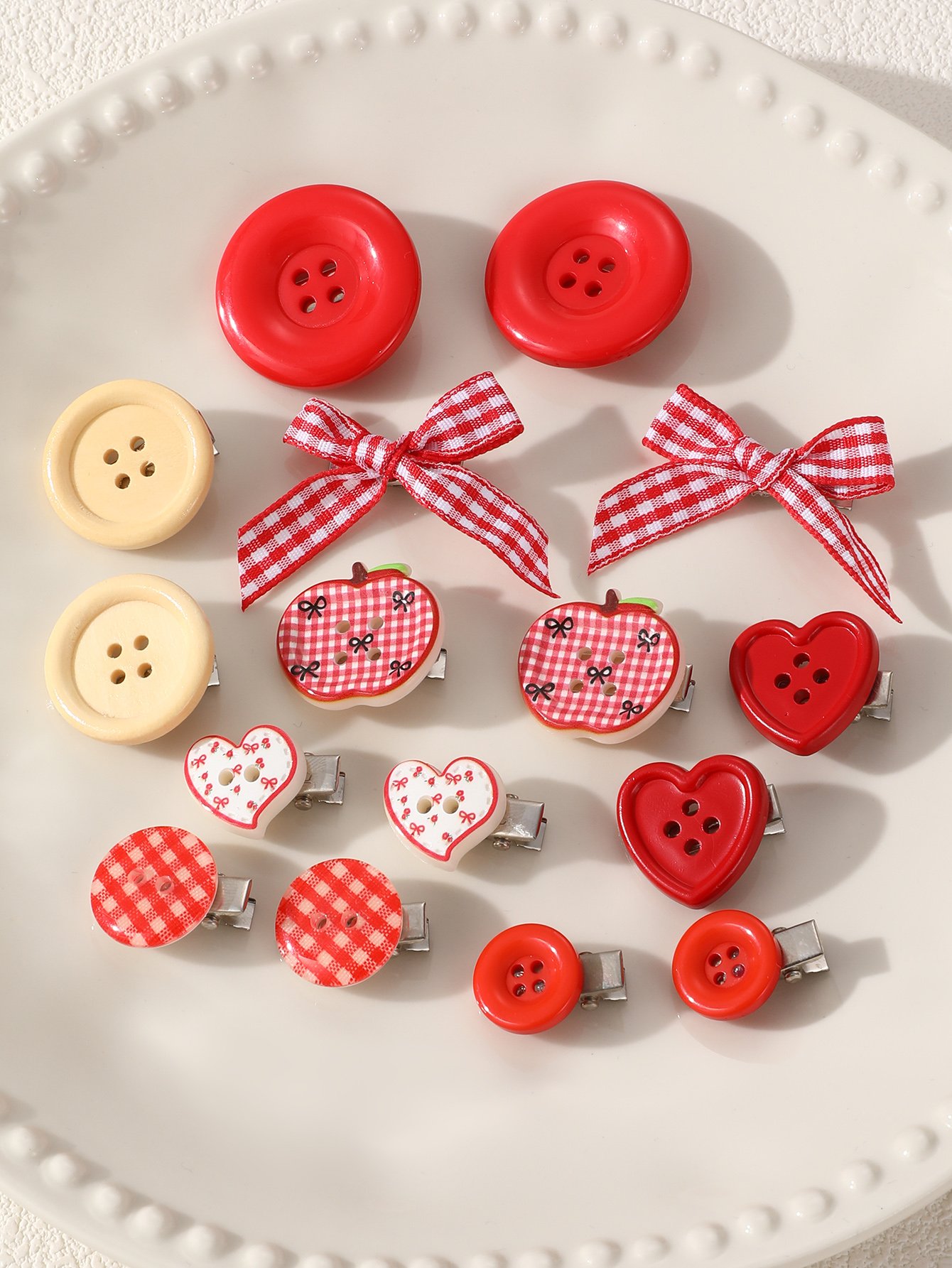 Charming Gingham and Button Hair Clip Set