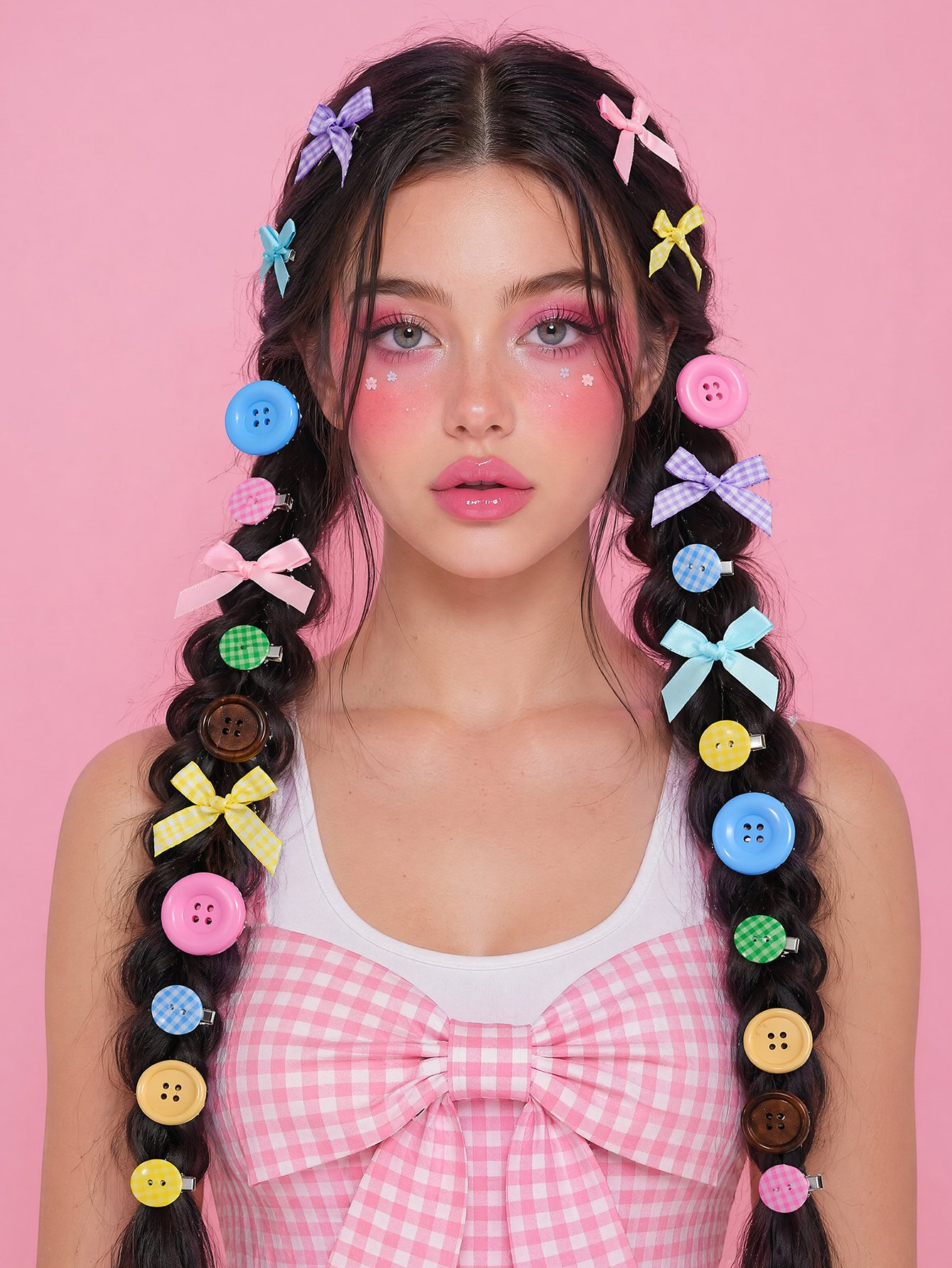 Rainbow Button and Bow Hair Clip Set 24 Pcs