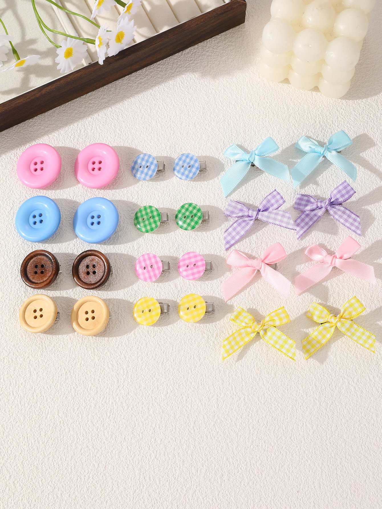 Rainbow Button and Bow Hair Clip Set 24 Pcs