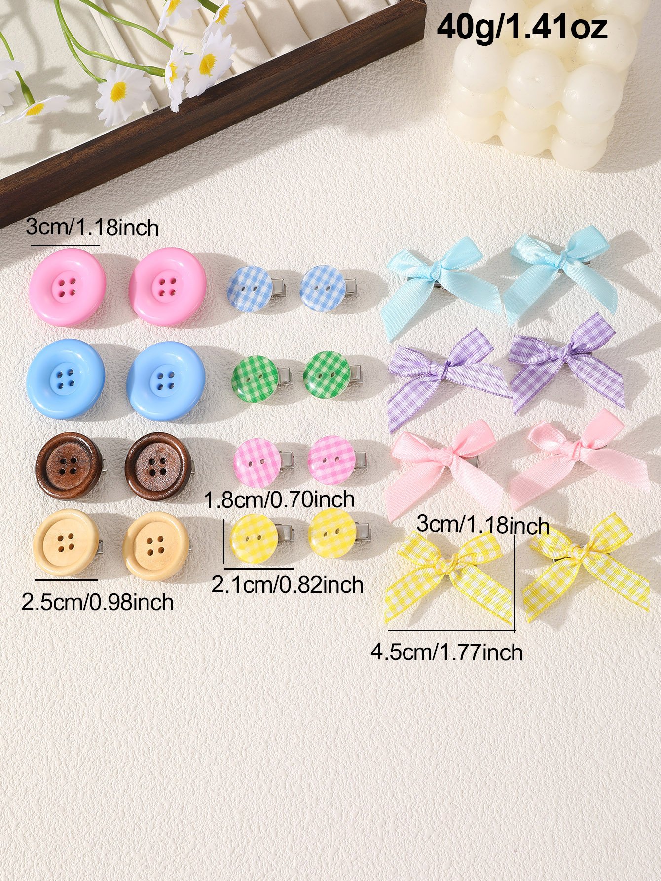 Rainbow Button and Bow Hair Clip Set 24 Pcs