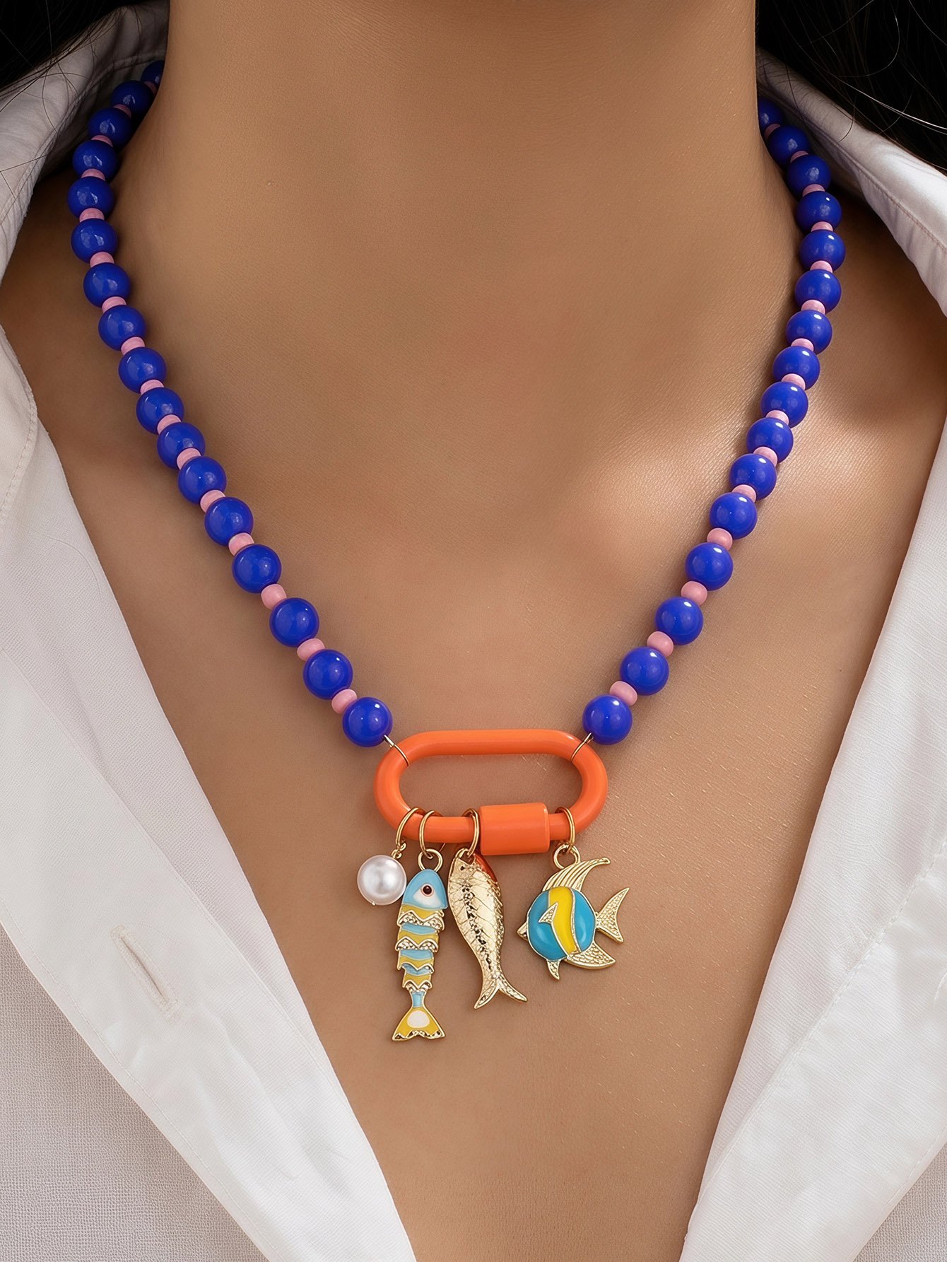 Multi-Color Beaded Fish Charm Necklace