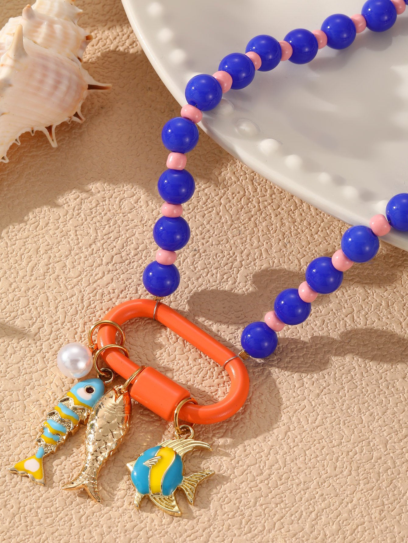 Multi-Color Beaded Fish Charm Necklace