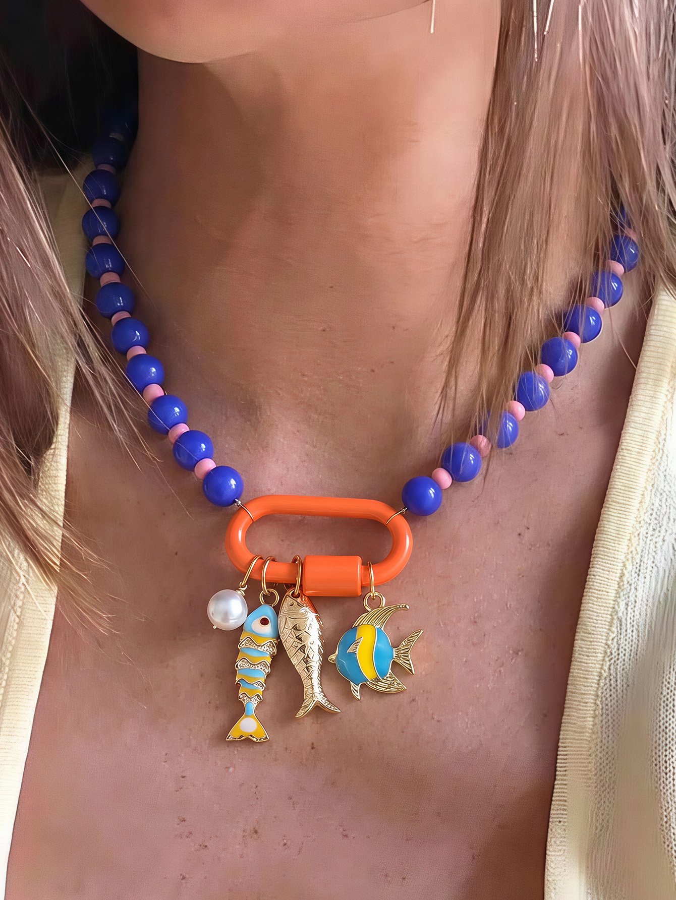 Multi-Color Beaded Fish Charm Necklace