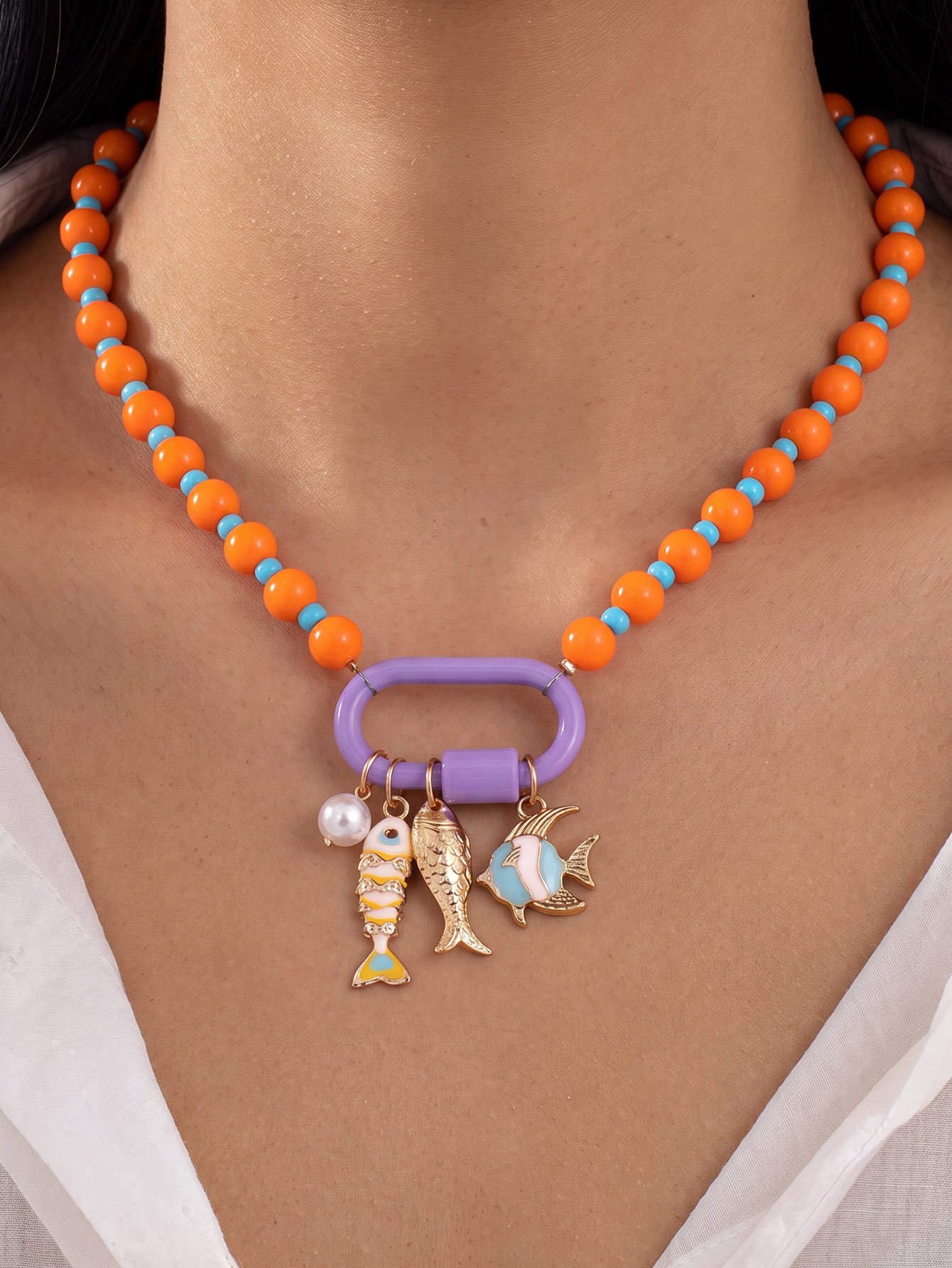 Multi-Color Beaded Necklace with Fish Charms
