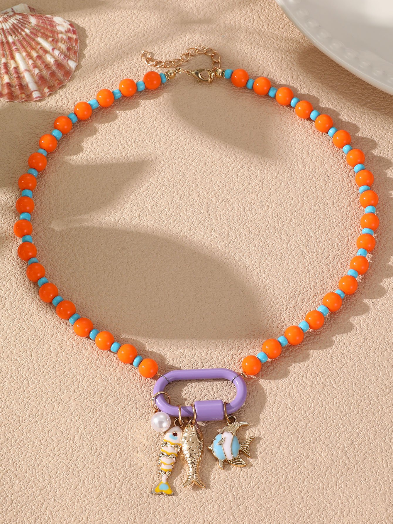 Multi-Color Beaded Necklace with Fish Charms