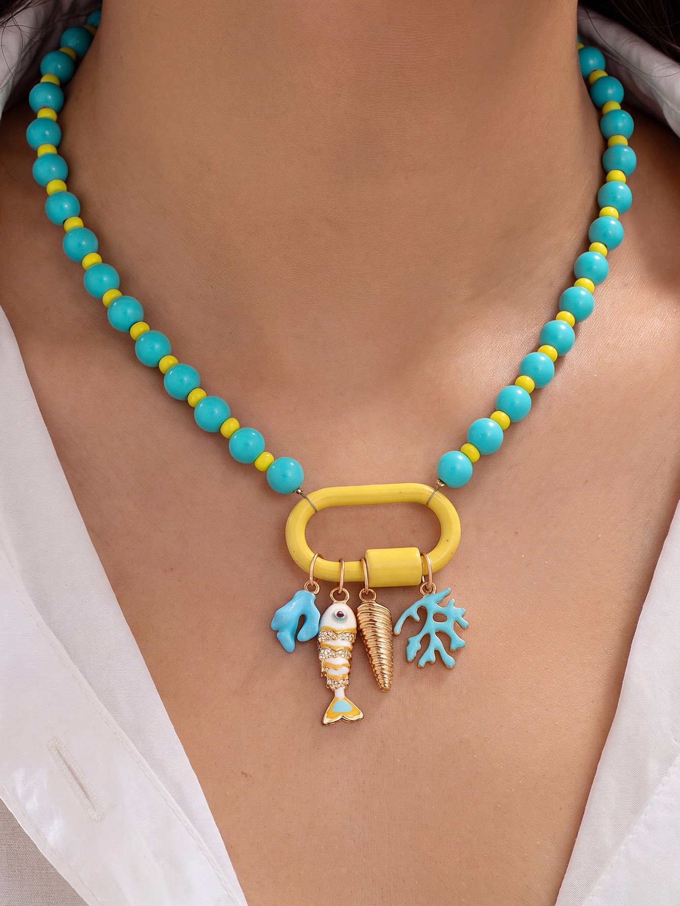 Coastal Beaded Necklace with Ocean Charms