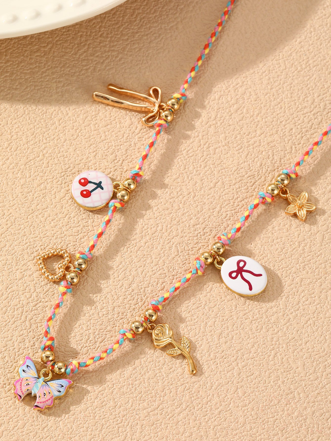 Charm Necklace with Multi-Colored Rope