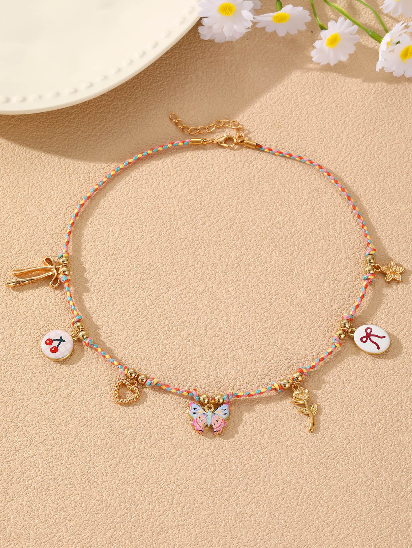 Charm Necklace with Multi-Colored Rope