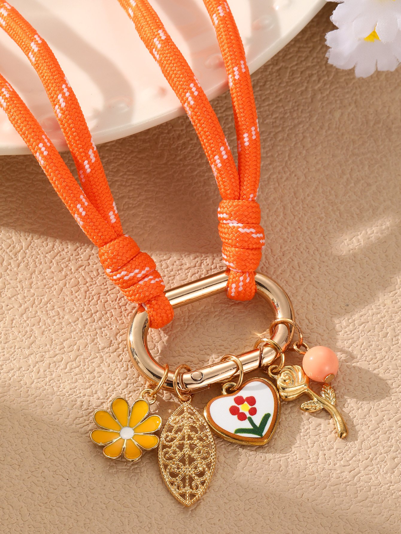 Orange Rope Necklace with Charm Pendants
