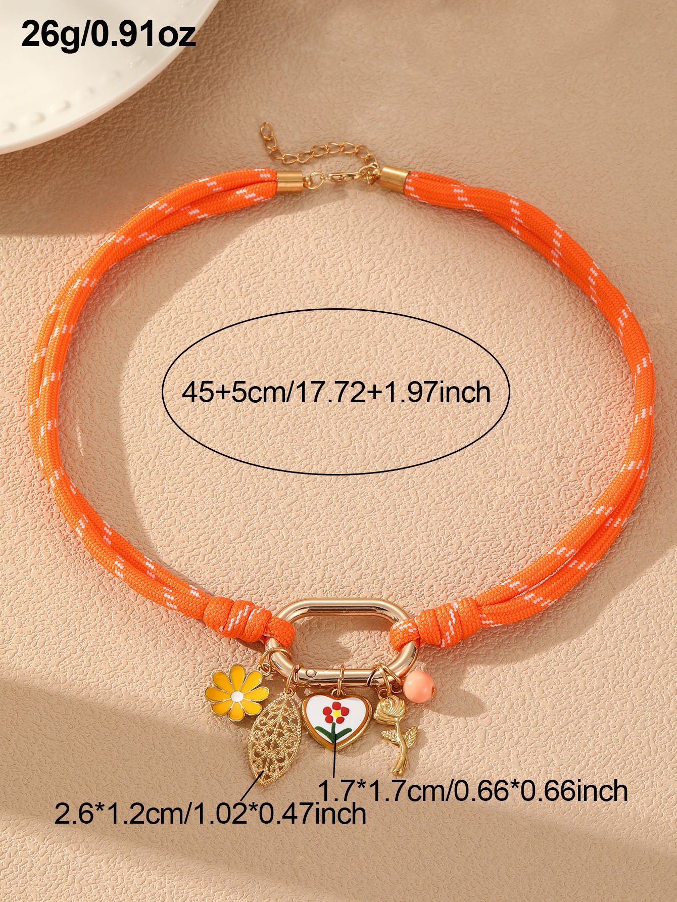 Orange Rope Necklace with Charm Pendants